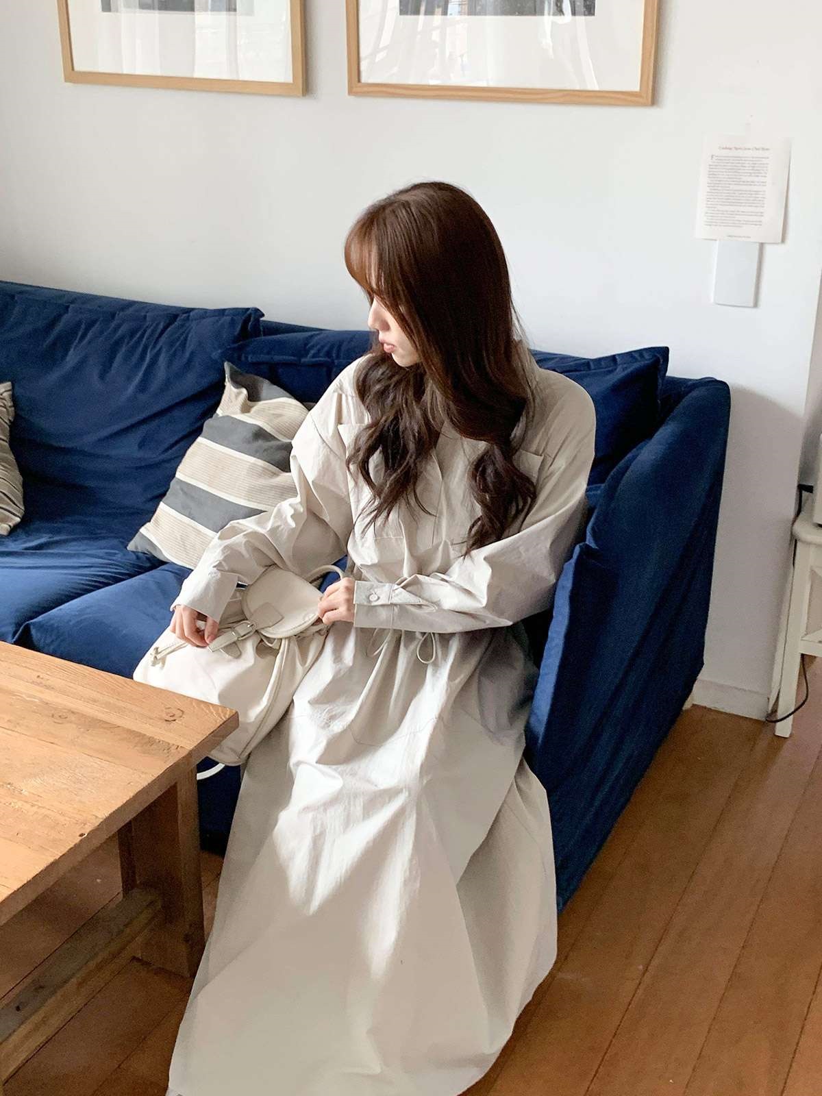 カラードローコードロングルーズ長袖アウトポケットフレア無地ワンピース | 詳細画像10