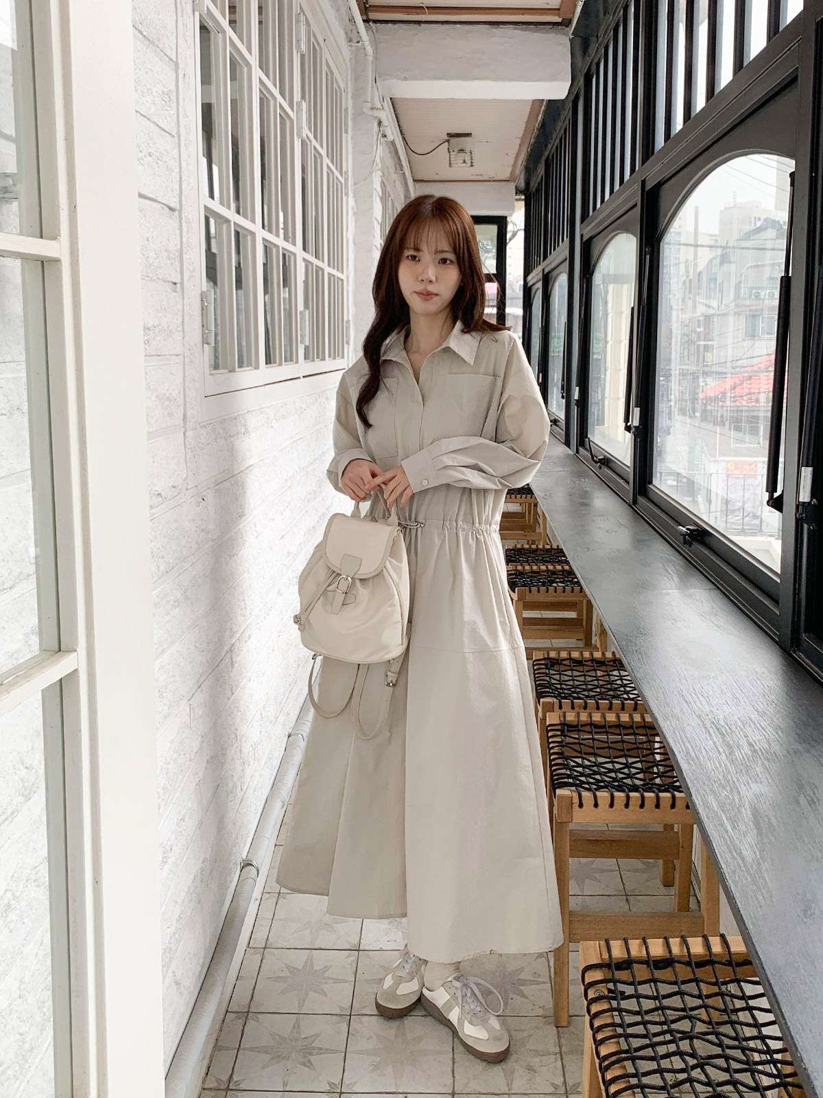 カラードローコードロングルーズ長袖アウトポケットフレア無地ワンピース | 詳細画像12