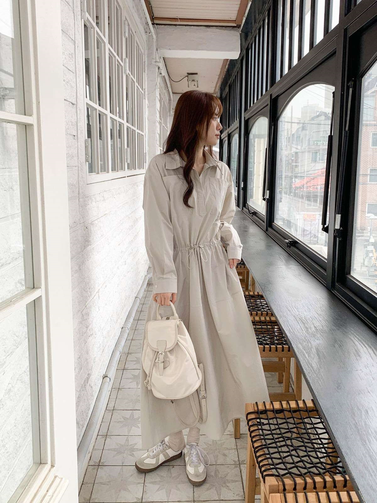 カラードローコードロングルーズ長袖アウトポケットフレア無地ワンピース | 詳細画像13