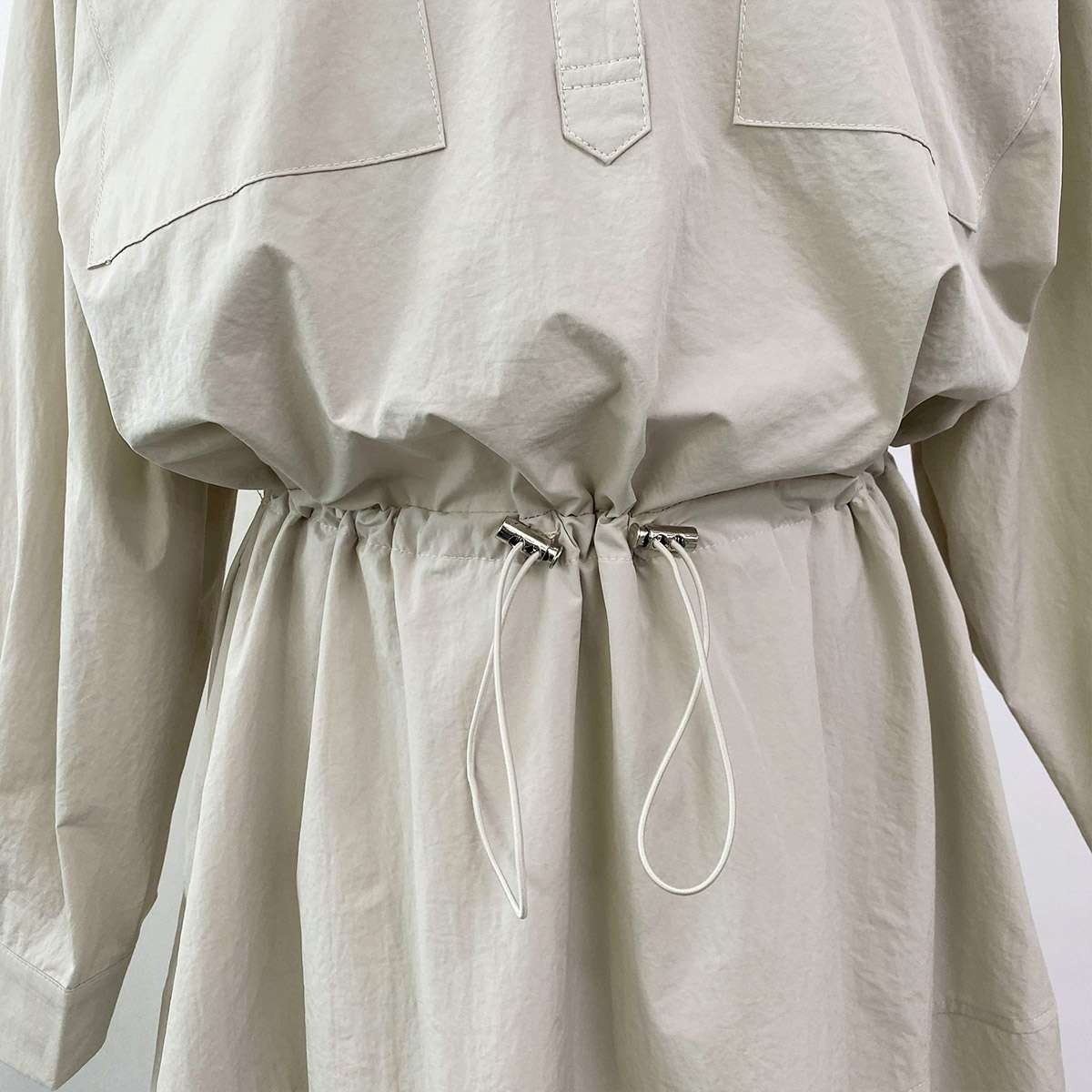 カラードローコードロングルーズ長袖アウトポケットフレア無地ワンピース | 詳細画像19