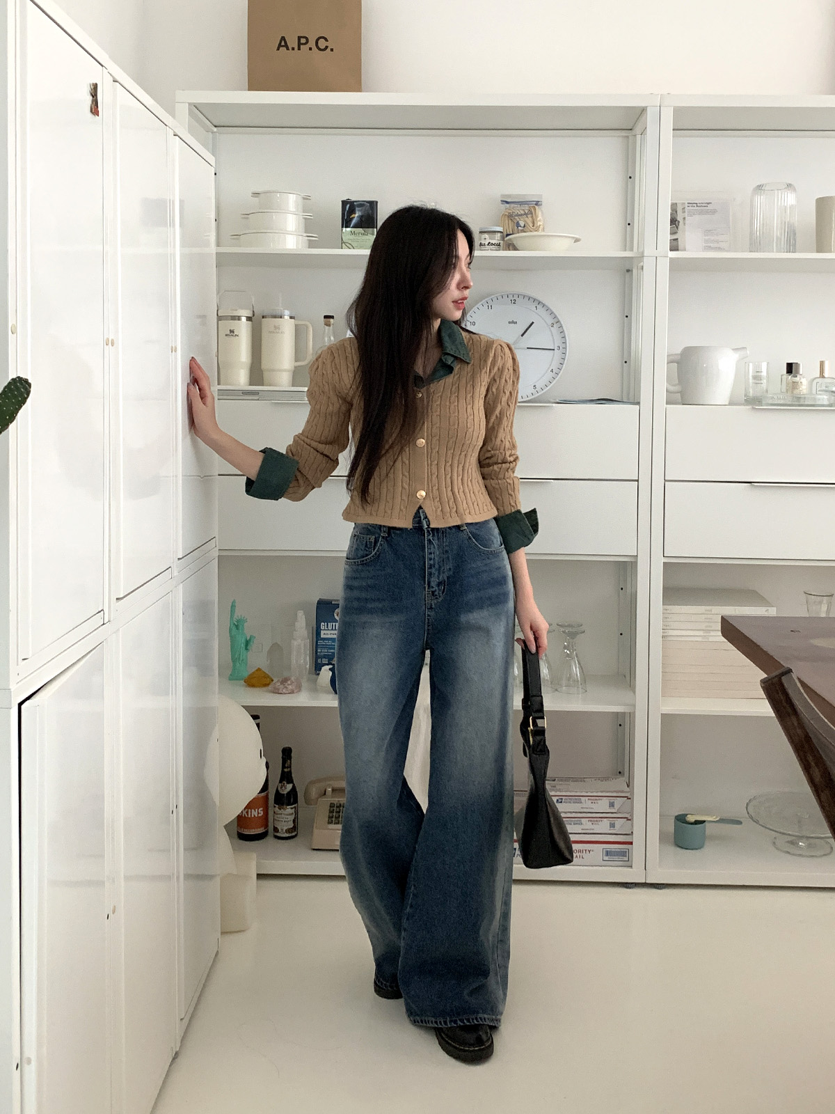 ニットデニムコットンカラークロップドベルスリーブレイヤード風長袖ビジューボタン配色ケーブルカーディガン | 詳細画像7