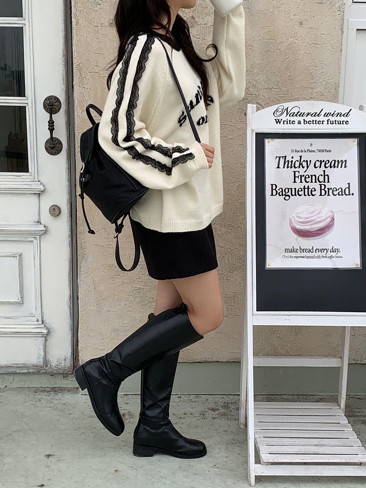 レースラウンドネックラグランオーバーサイズ長袖ハーフレタリング配色ニット | 詳細画像4