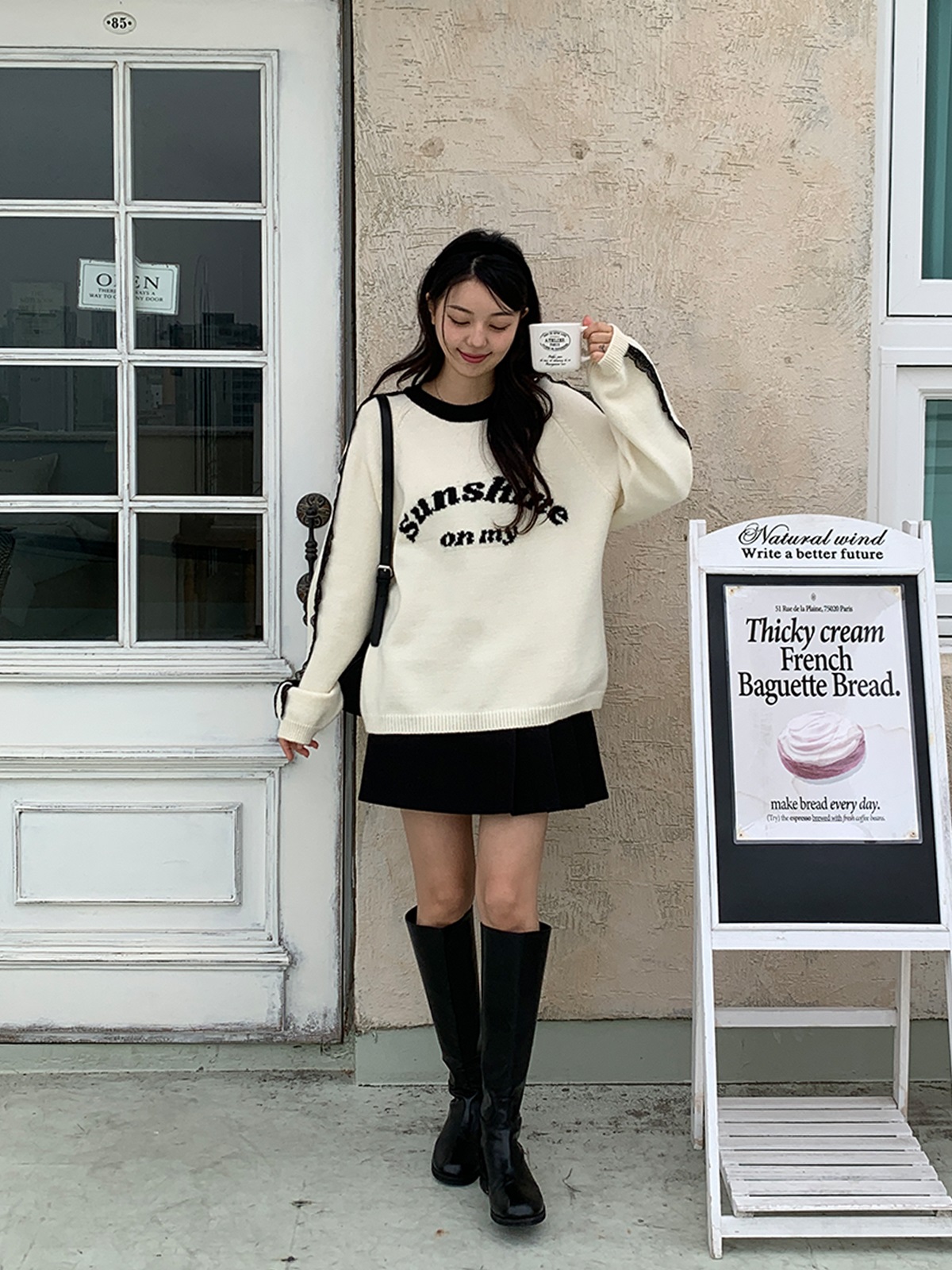 レースラウンドネックラグランオーバーサイズ長袖ハーフレタリング配色ニット | 詳細画像5