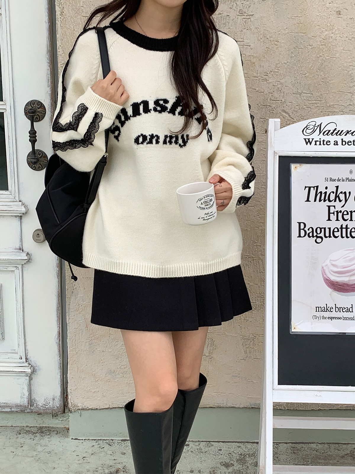 レースラウンドネックラグランオーバーサイズ長袖ハーフレタリング配色ニット | 詳細画像6