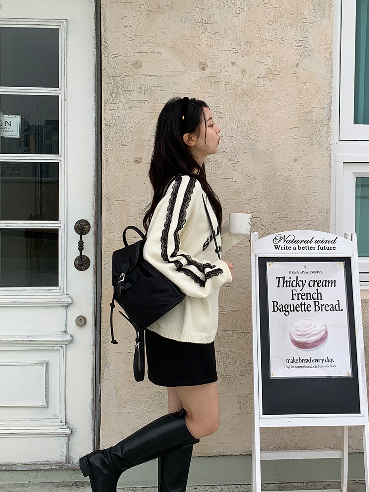 レースラウンドネックラグランオーバーサイズ長袖ハーフレタリング配色ニット | 詳細画像7