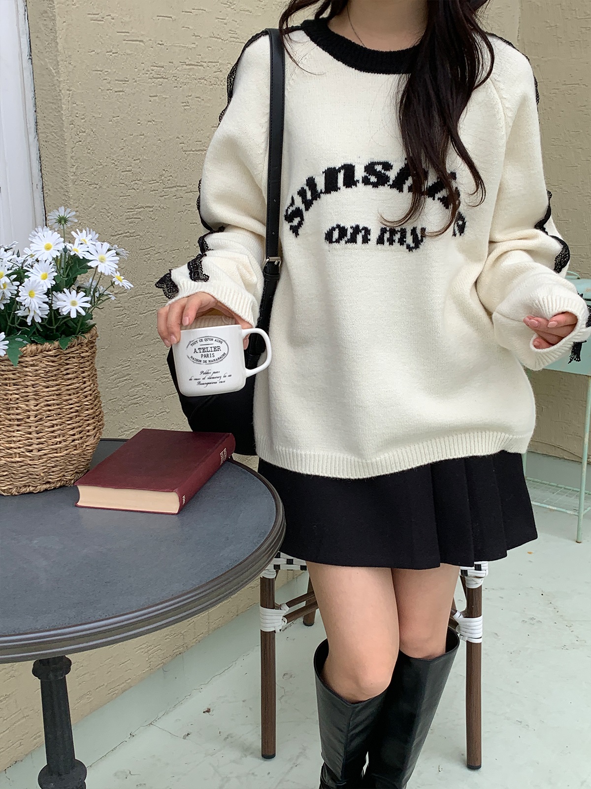 レースラウンドネックラグランオーバーサイズ長袖ハーフレタリング配色ニット | 詳細画像8