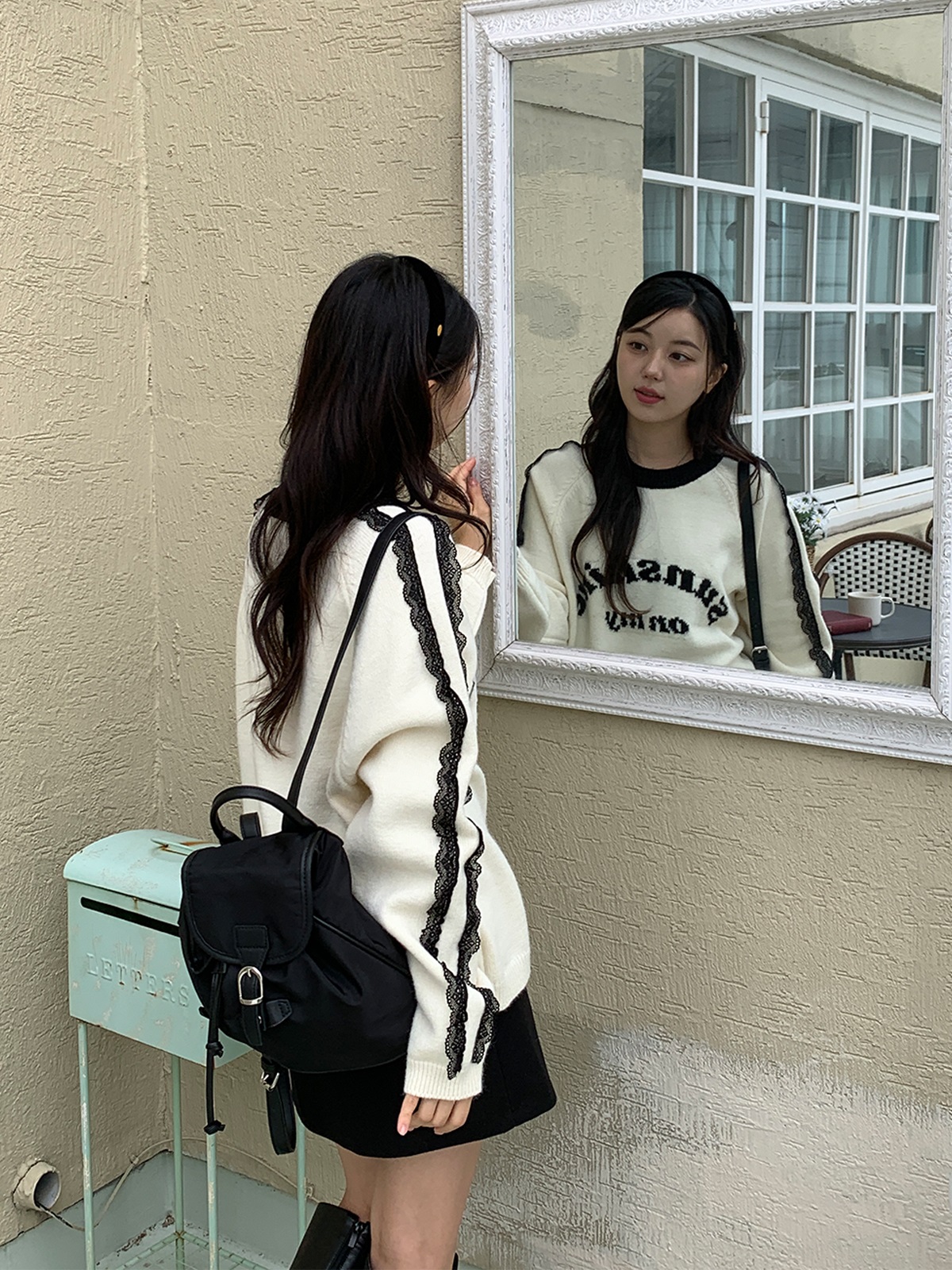 レースラウンドネックラグランオーバーサイズ長袖ハーフレタリング配色ニット | 詳細画像12