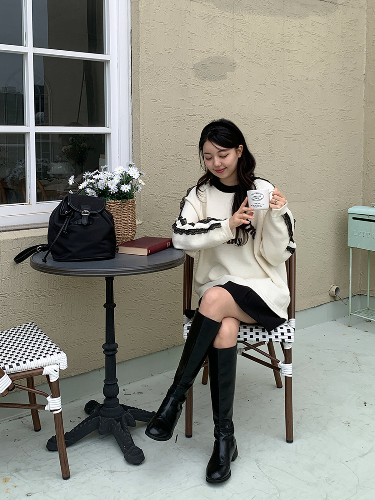 レースラウンドネックラグランオーバーサイズ長袖ハーフレタリング配色ニット | 詳細画像13