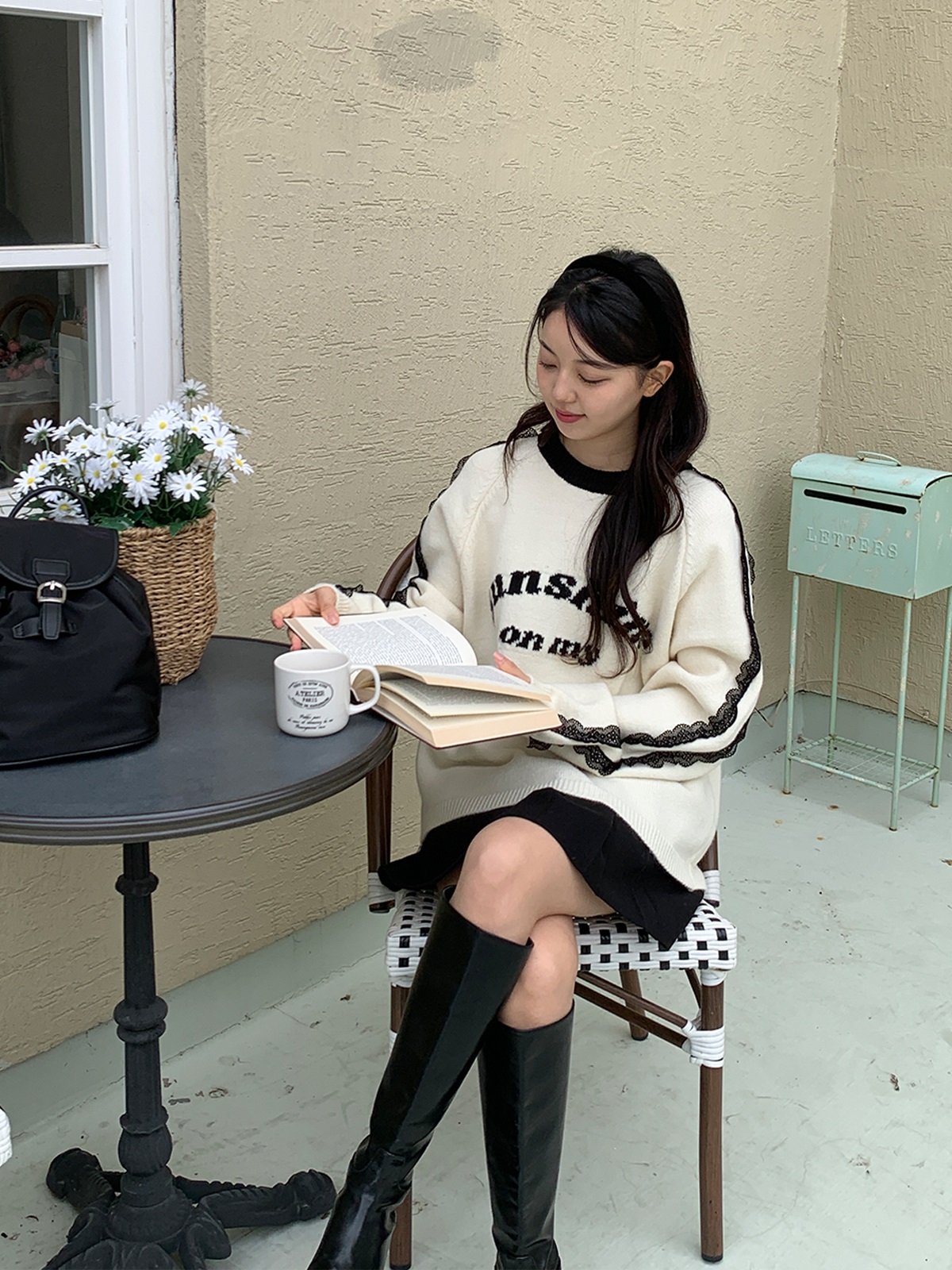 レースラウンドネックラグランオーバーサイズ長袖ハーフレタリング配色ニット | 詳細画像14