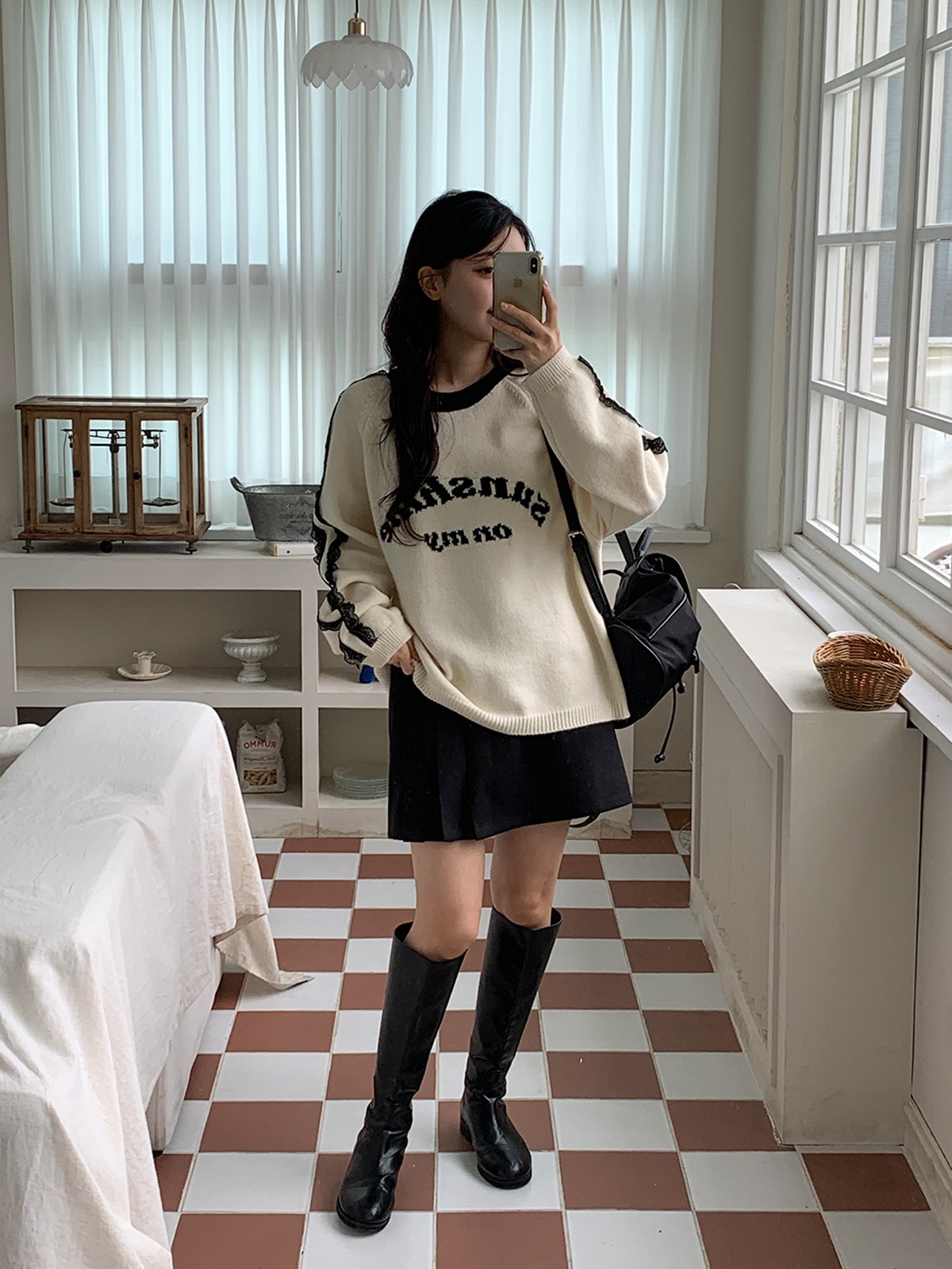 レースラウンドネックラグランオーバーサイズ長袖ハーフレタリング配色ニット | 詳細画像15