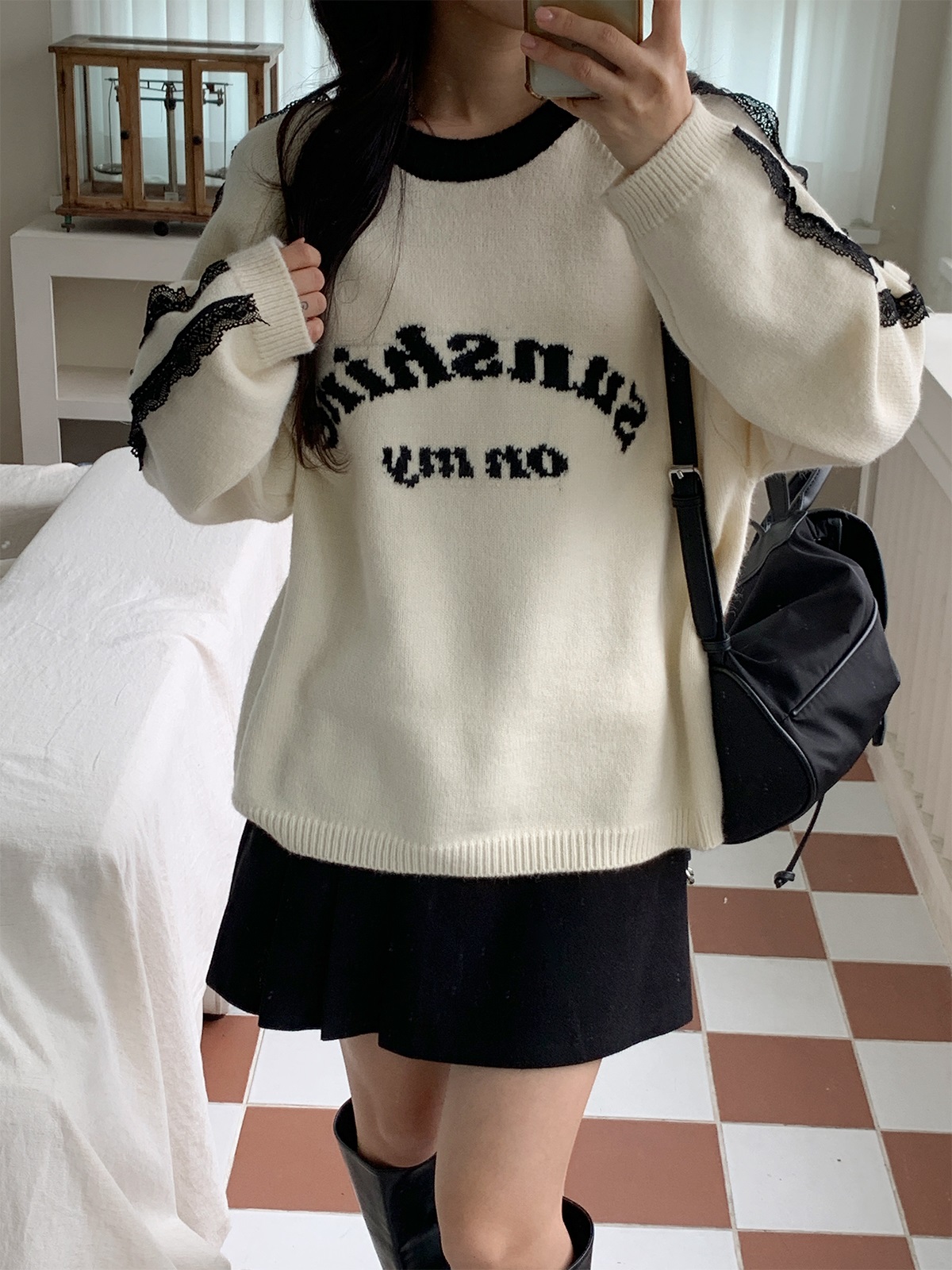 レースラウンドネックラグランオーバーサイズ長袖ハーフレタリング配色ニット | 詳細画像16