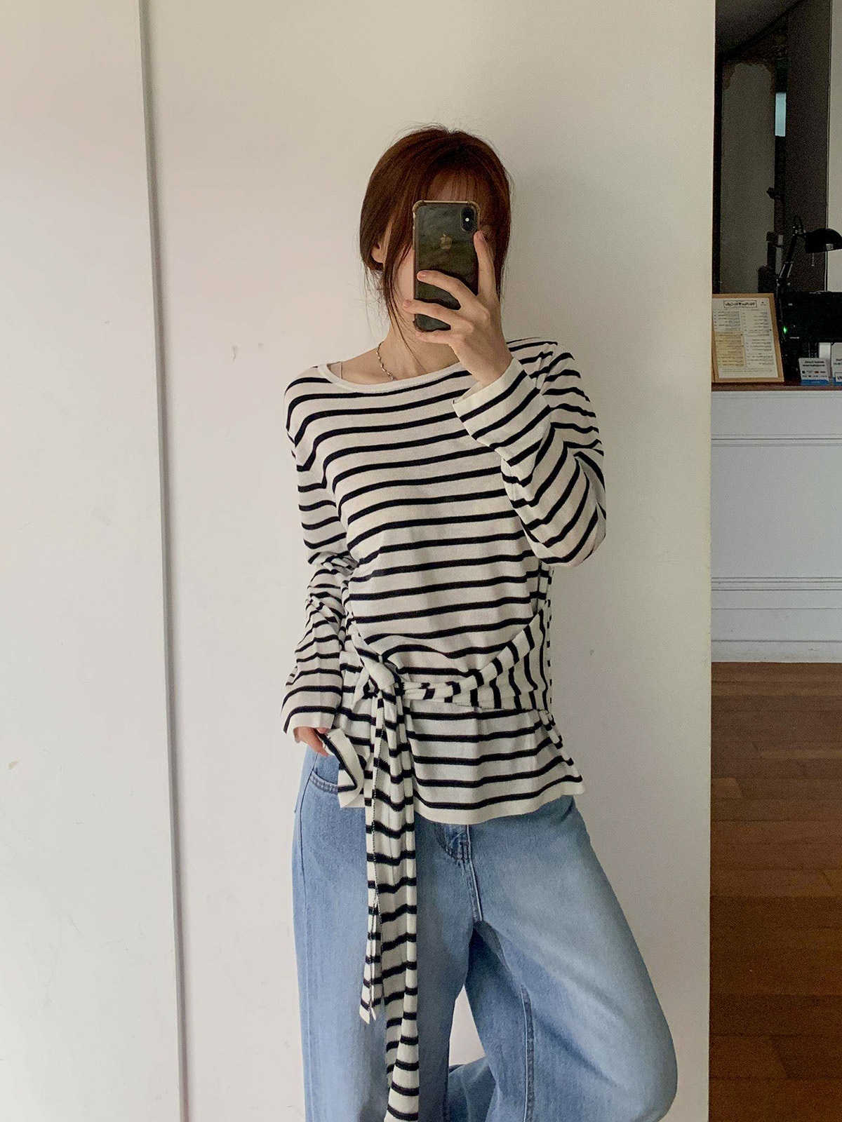 ラウンドネックルーズ長袖ボーダー無地Tシャツ | 詳細画像2