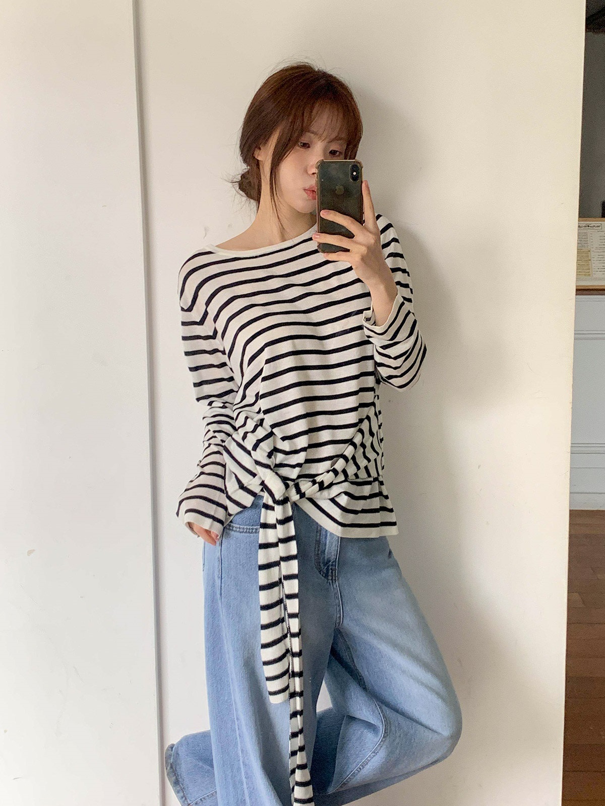 ラウンドネックルーズ長袖ボーダー無地Tシャツ | 詳細画像3