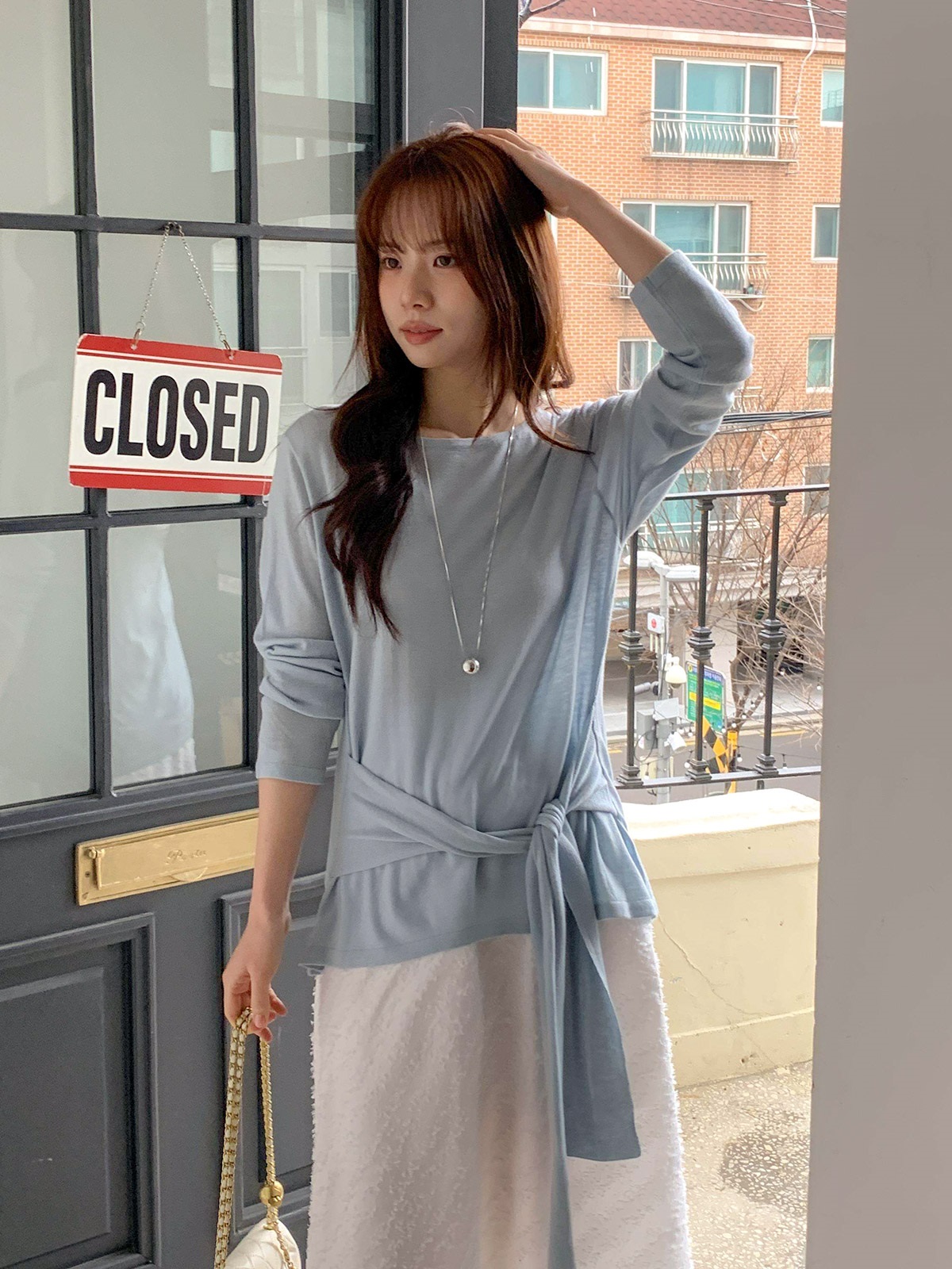 ラウンドネックルーズ長袖ボーダー無地Tシャツ | 詳細画像5