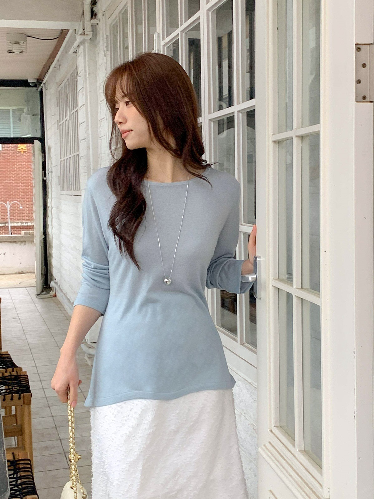 ラウンドネックルーズ長袖ボーダー無地Tシャツ | 詳細画像11