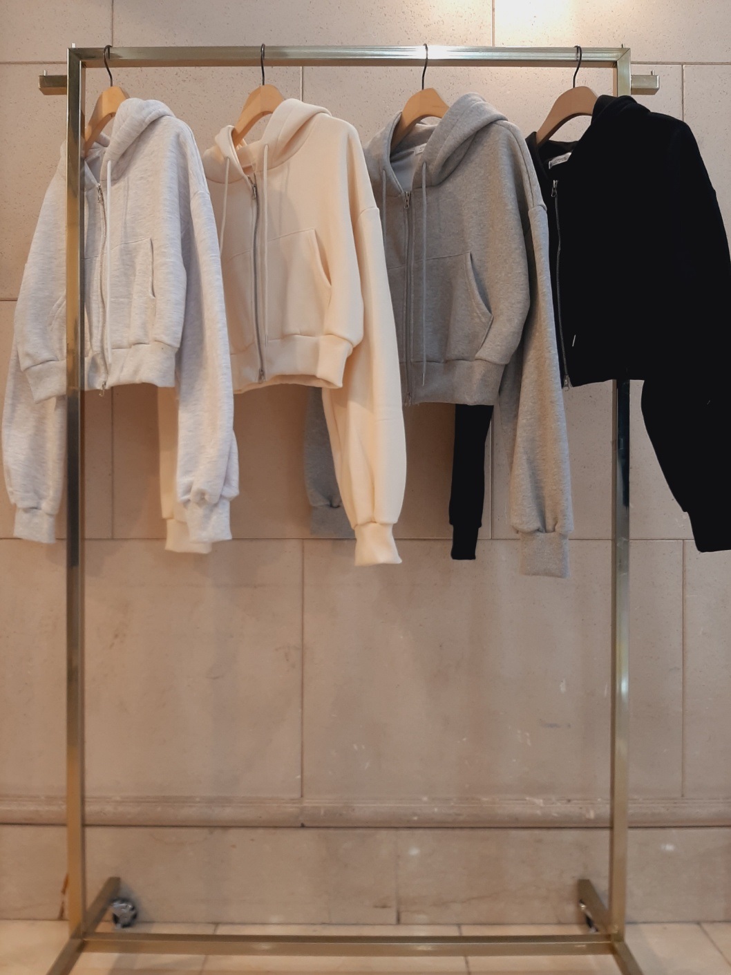 裏起毛フードドローストリングダブルジップクロップドバルーンルーズ長袖カンガルーポケット無地ジップパーカー | 詳細画像15