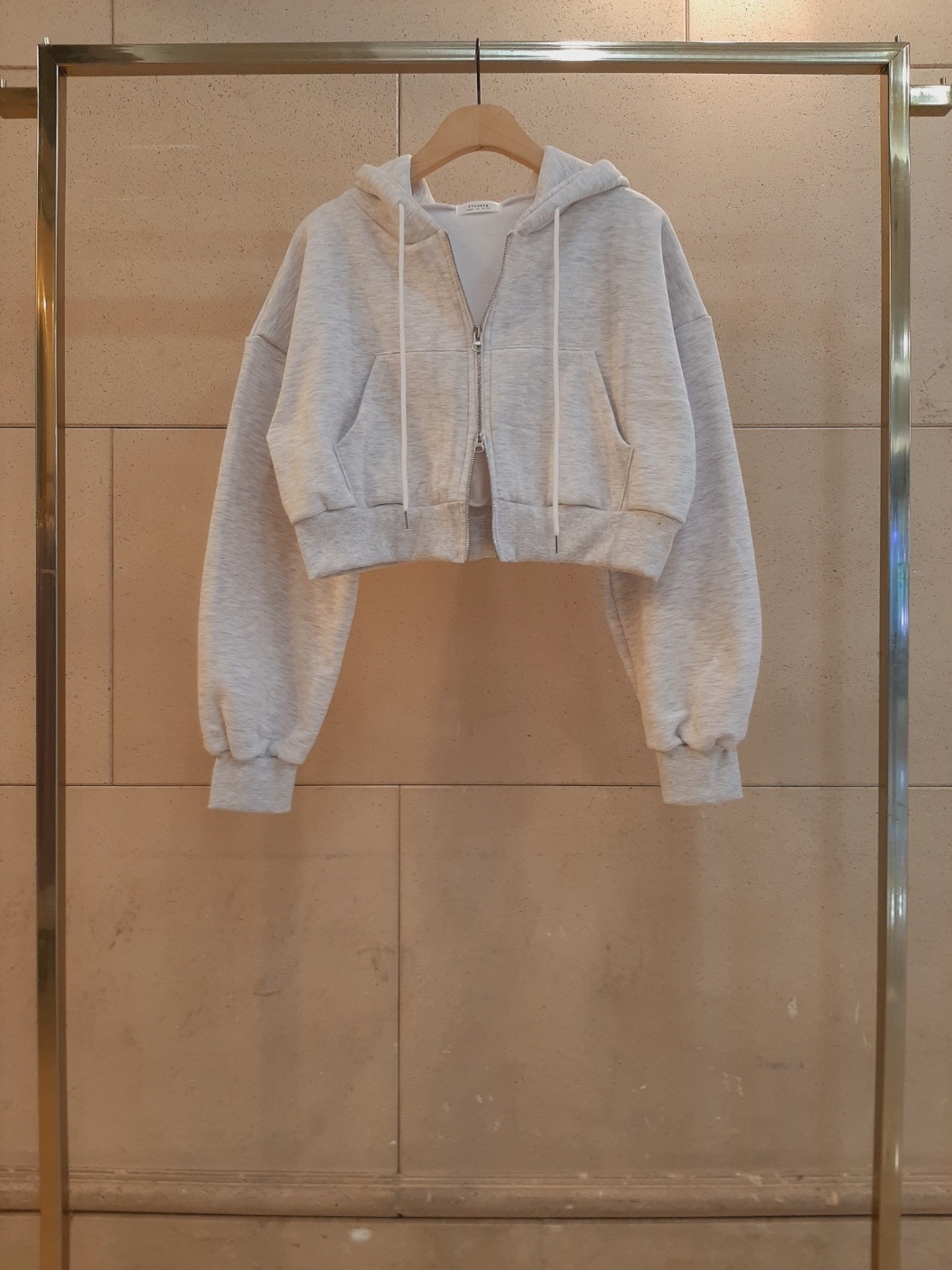 裏起毛フードドローストリングダブルジップクロップドバルーンルーズ長袖カンガルーポケット無地ジップパーカー | 詳細画像17