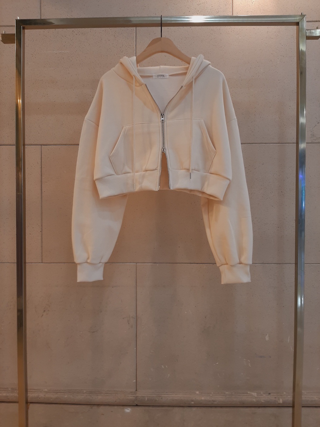 裏起毛フードドローストリングダブルジップクロップドバルーンルーズ長袖カンガルーポケット無地ジップパーカー | 詳細画像18