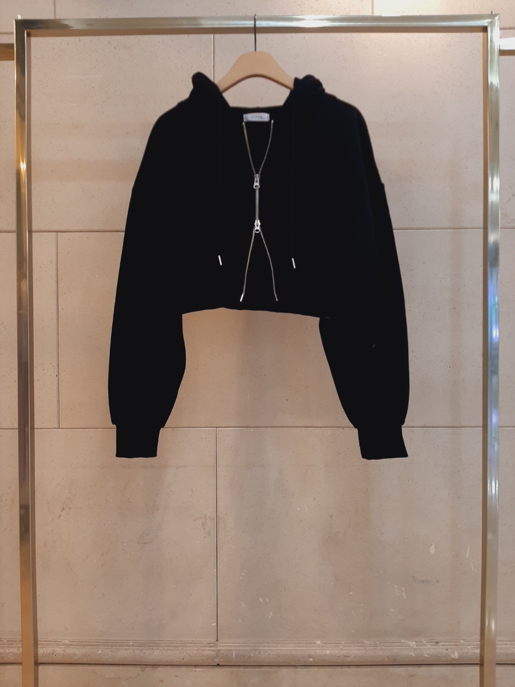 裏起毛フードドローストリングダブルジップクロップドバルーンルーズ長袖カンガルーポケット無地ジップパーカー | 詳細画像20