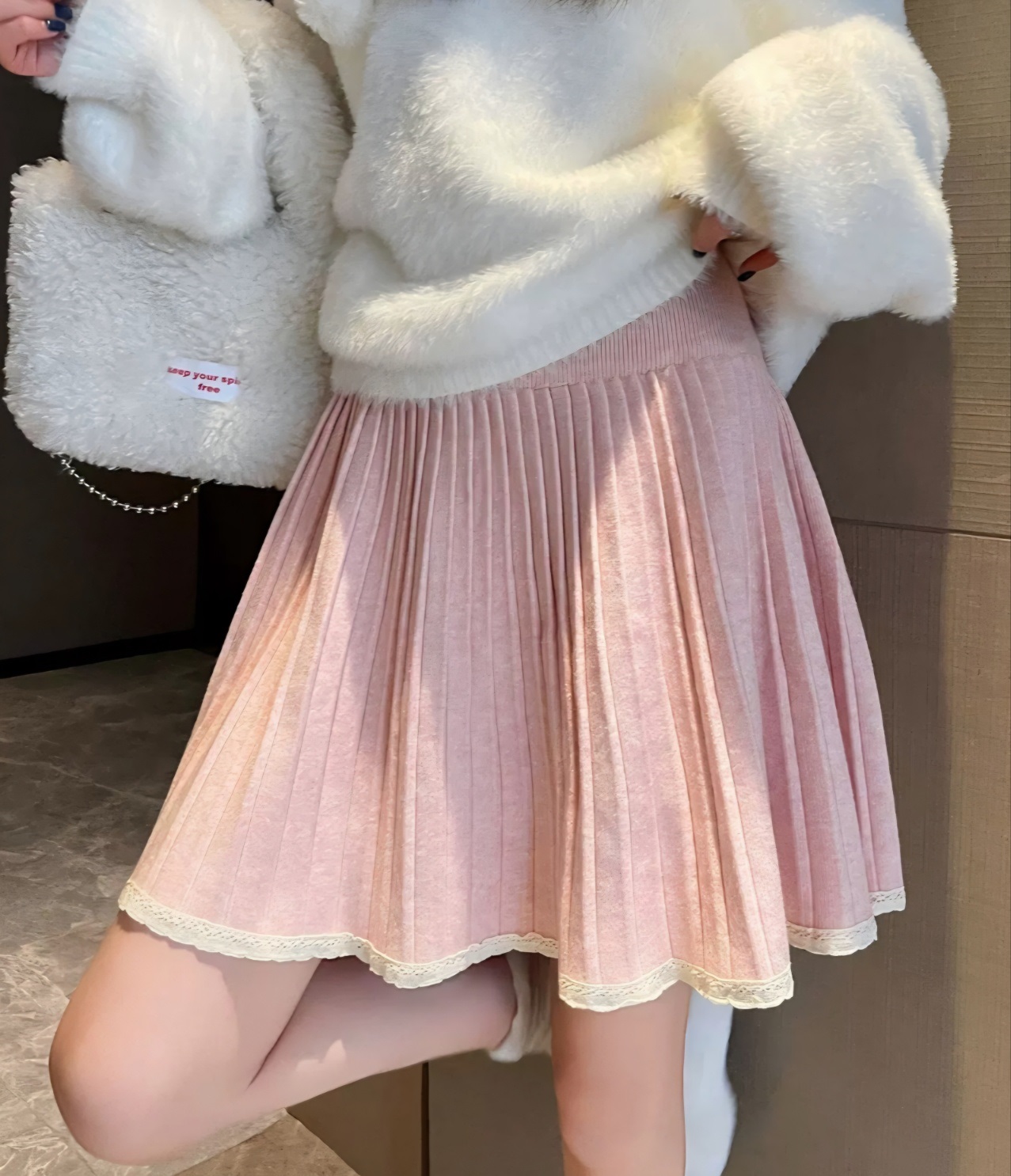 レースニットコンビプリーツウエストゴムAラインミニ配色スカート | 詳細画像2