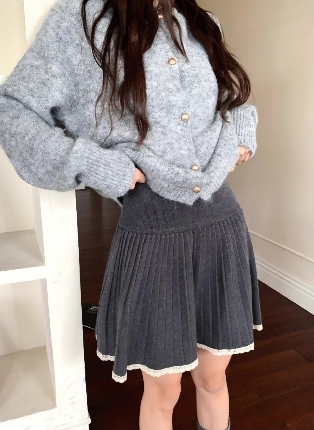 レースニットコンビプリーツウエストゴムAラインミニ配色スカート | 詳細画像4