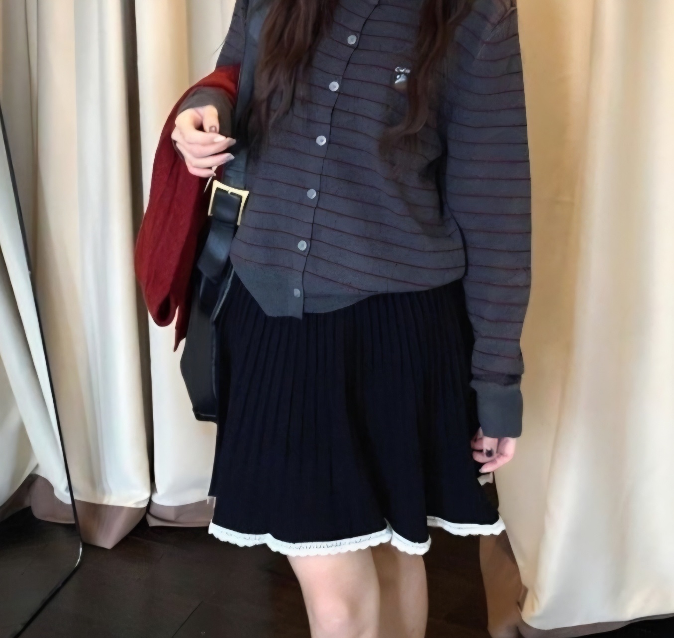 レースニットコンビプリーツウエストゴムAラインミニ配色スカート | 詳細画像9