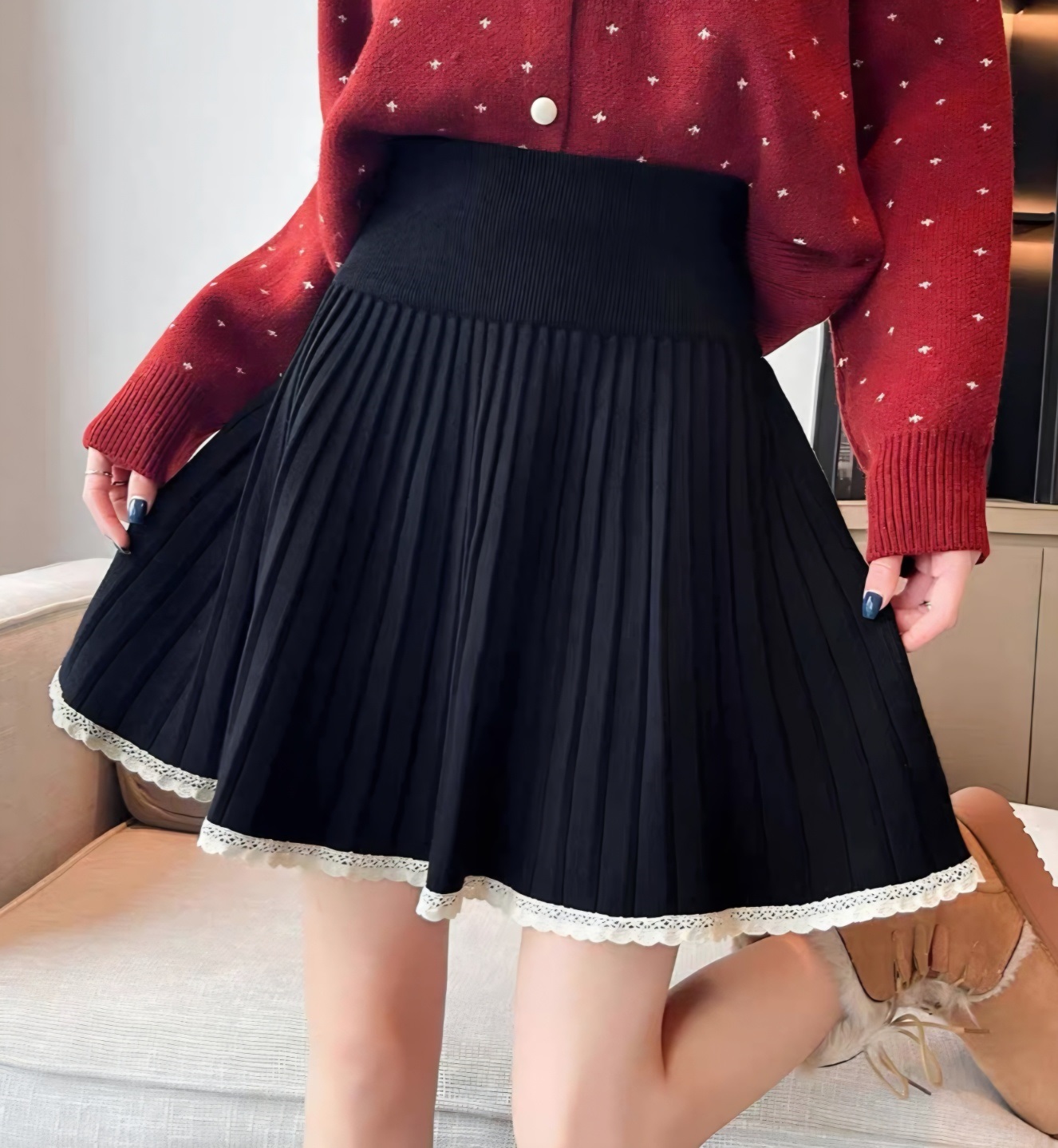 レースニットコンビプリーツウエストゴムAラインミニ配色スカート | 詳細画像11