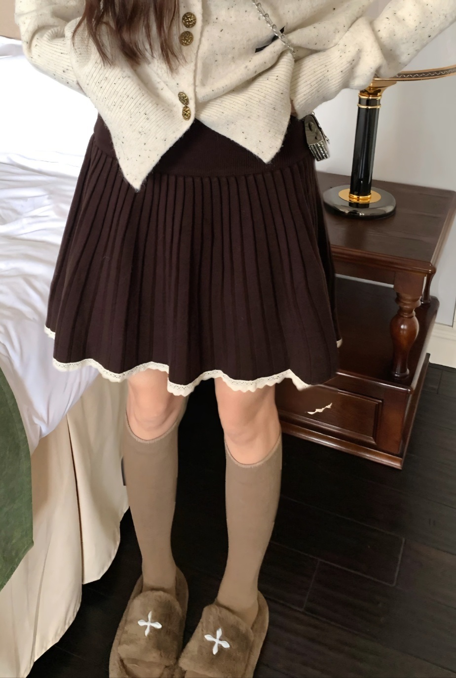 レースニットコンビプリーツウエストゴムAラインミニ配色スカート | 詳細画像5