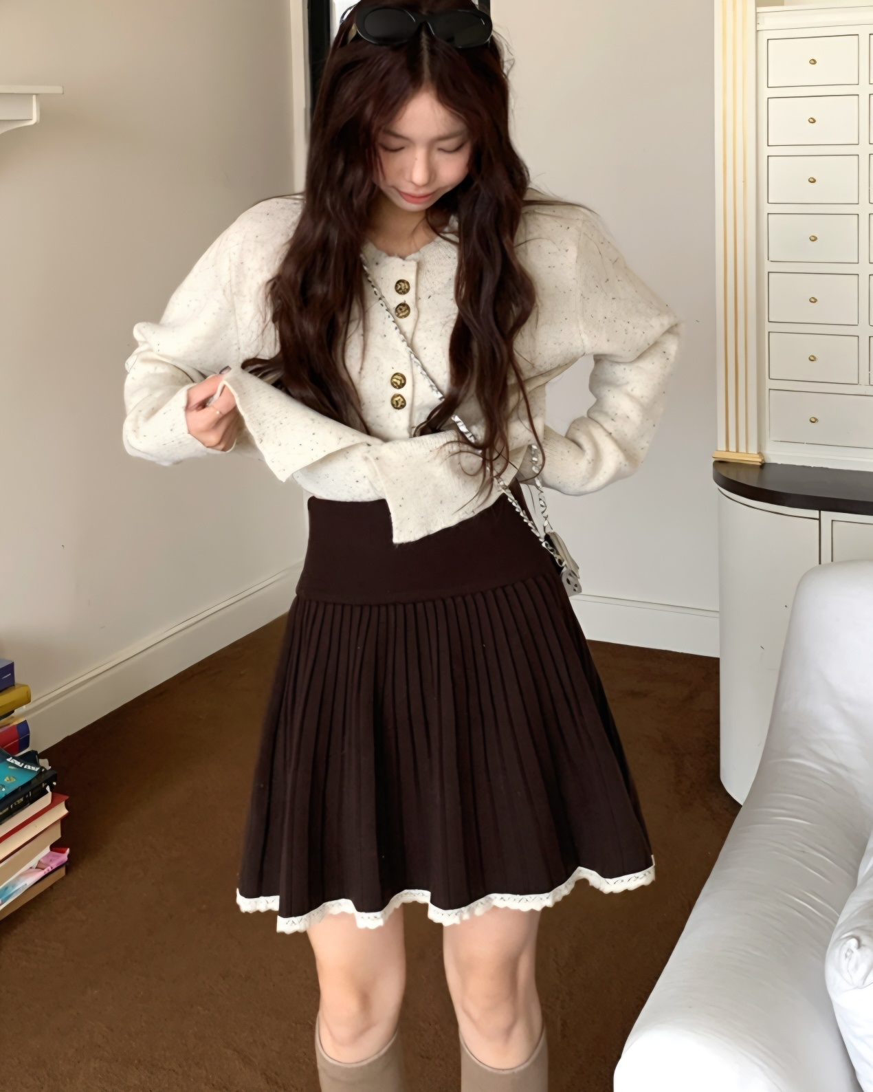 レースニットコンビプリーツウエストゴムAラインミニ配色スカート | 詳細画像6