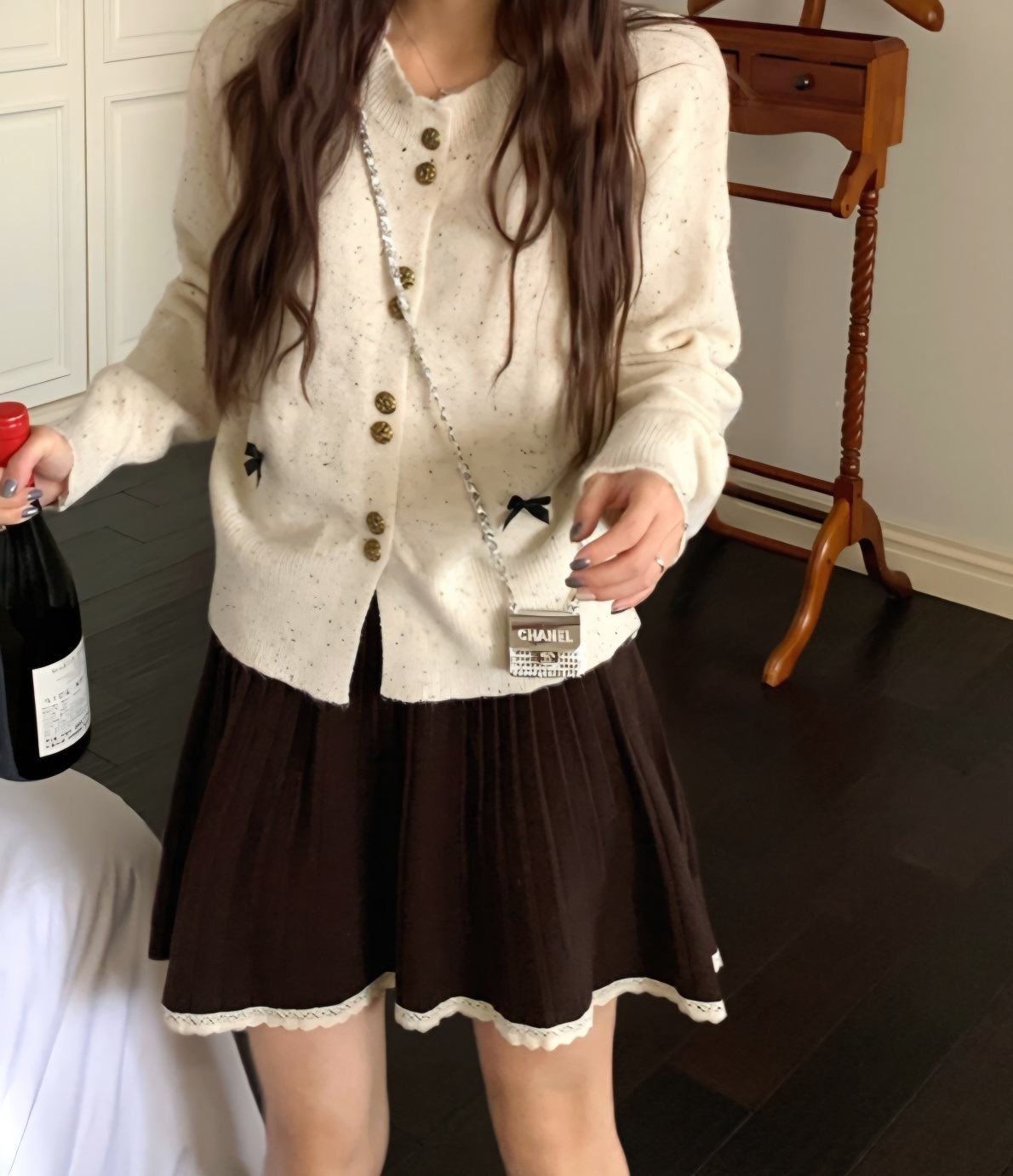 レースニットコンビプリーツウエストゴムAラインミニ配色スカート | 詳細画像7