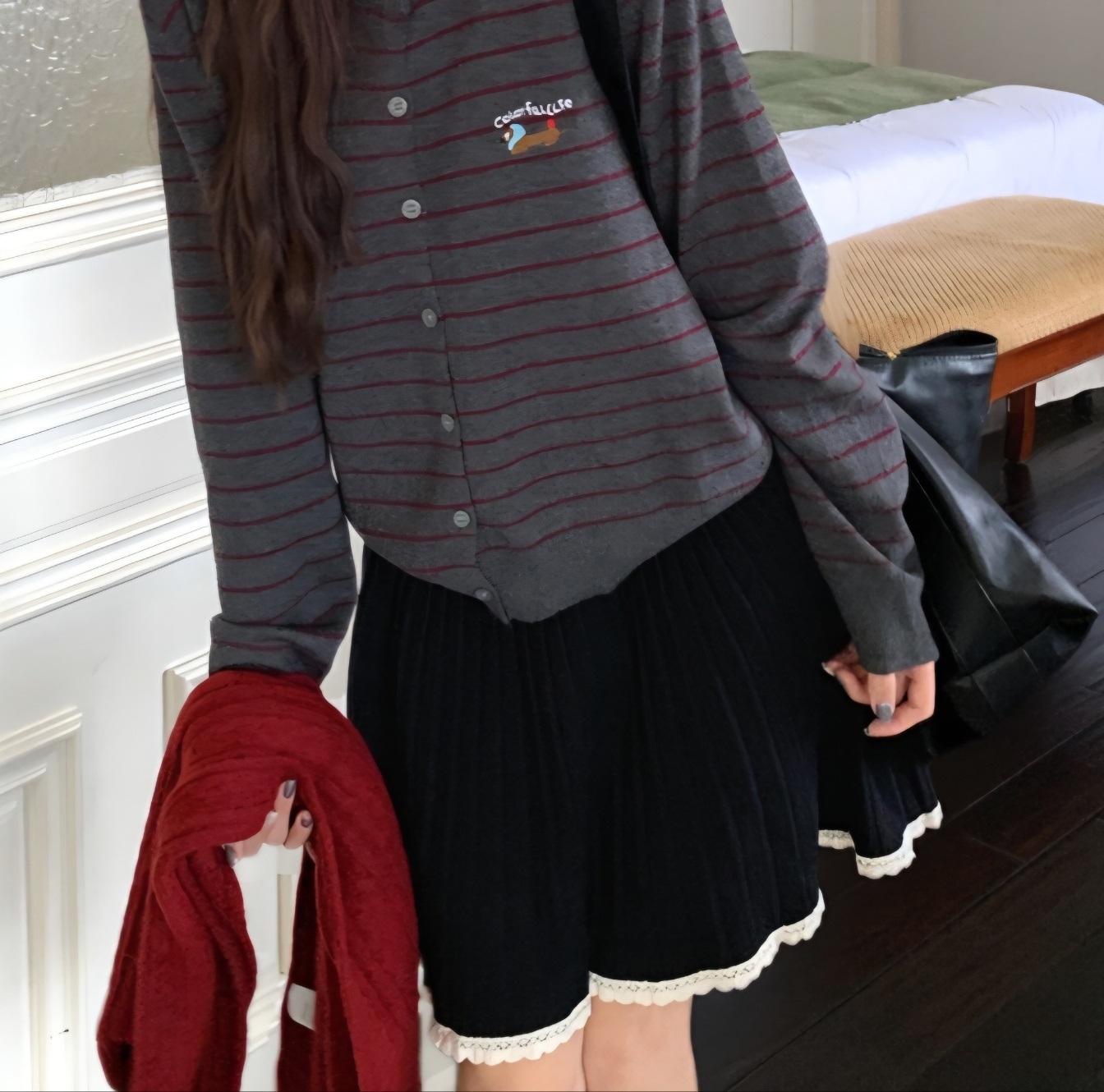 レースニットコンビプリーツウエストゴムAラインミニ配色スカート | 詳細画像12