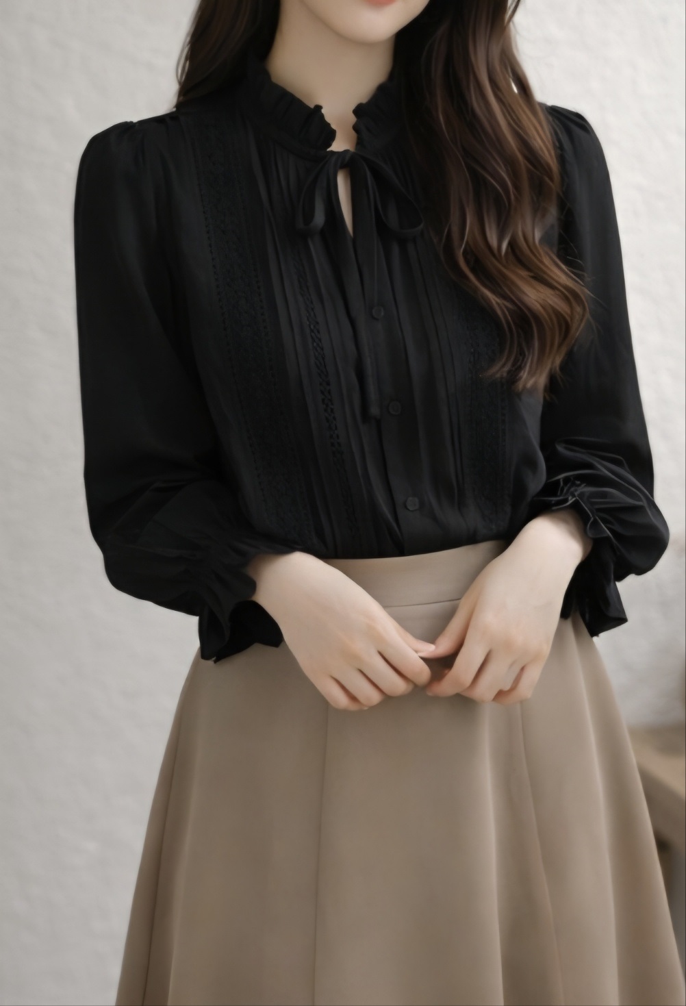 ボタンフリルパフスリーブ長袖フリル ネック刺繍花柄ブラウス | 詳細画像2