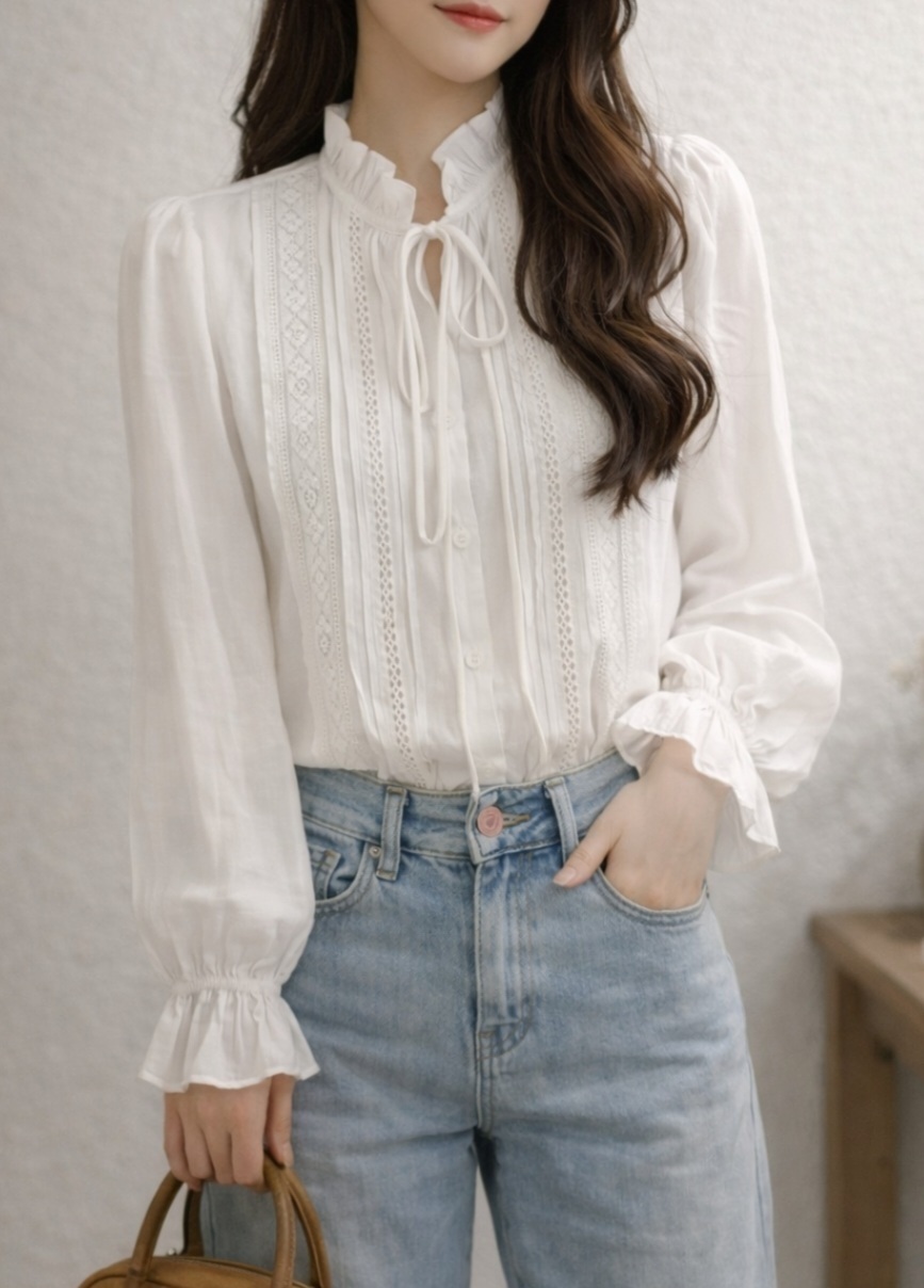 ボタンフリルパフスリーブ長袖フリル ネック刺繍花柄ブラウス | 詳細画像5