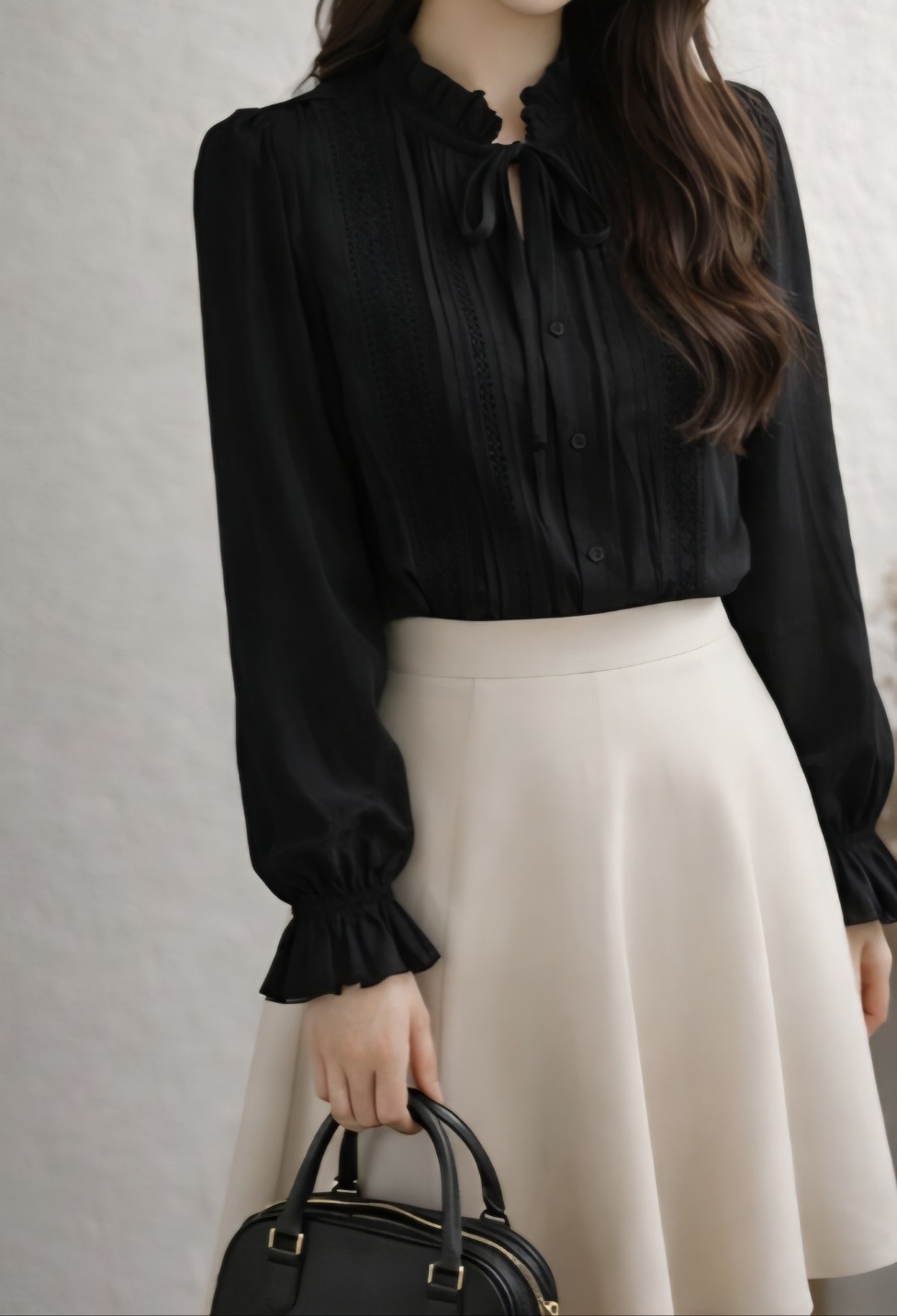 ボタンフリルパフスリーブ長袖フリル ネック刺繍花柄ブラウス | 詳細画像3