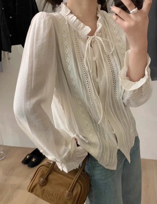 ボタンフリルパフスリーブ長袖フリル ネック刺繍花柄ブラウス | 詳細画像6