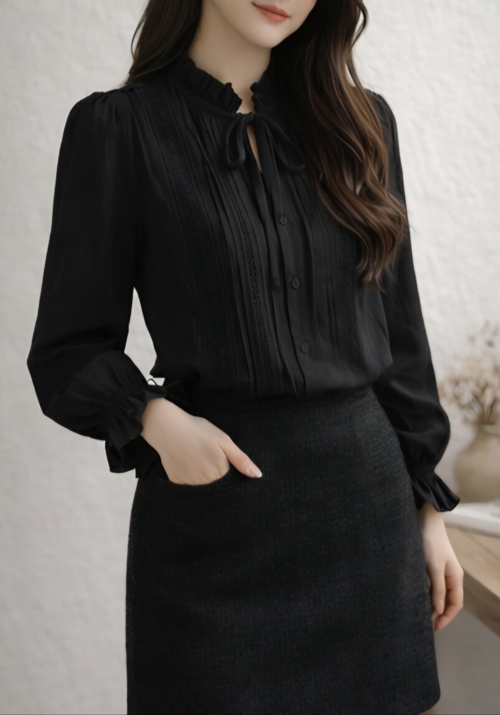 ボタンフリルパフスリーブ長袖フリル ネック刺繍花柄ブラウス | 詳細画像4