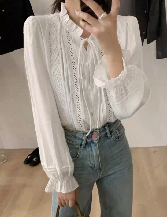 ボタンフリルパフスリーブ長袖フリル ネック刺繍花柄ブラウス | 詳細画像7