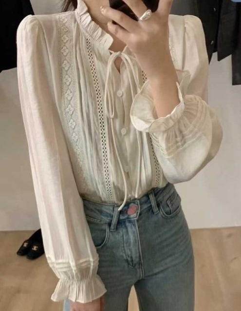 ボタンフリルパフスリーブ長袖フリル ネック刺繍花柄ブラウス | 詳細画像8