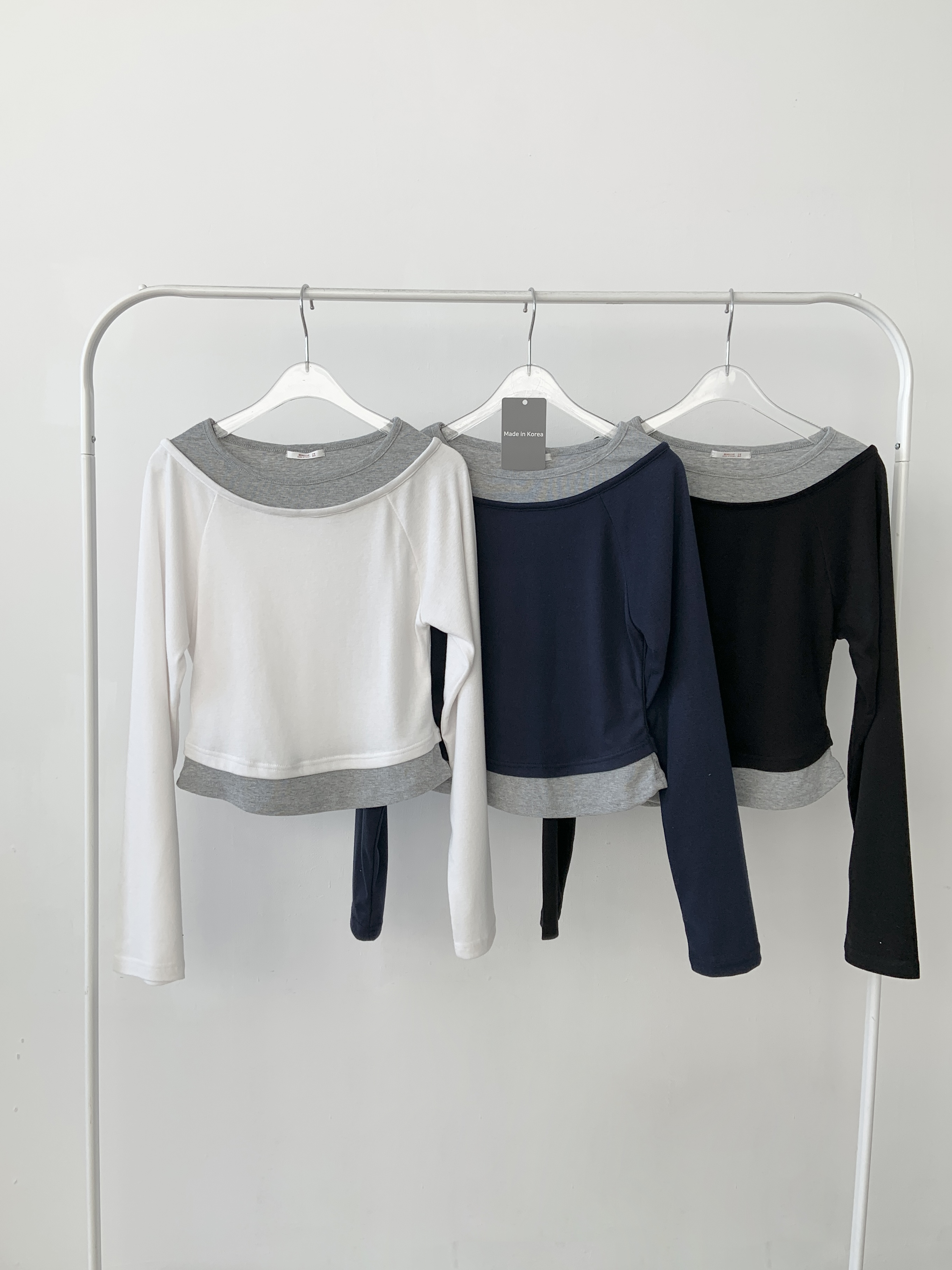 ボートネックラグランスリムレイヤード風長袖セミクロップド配色無地Tシャツ | 詳細画像18