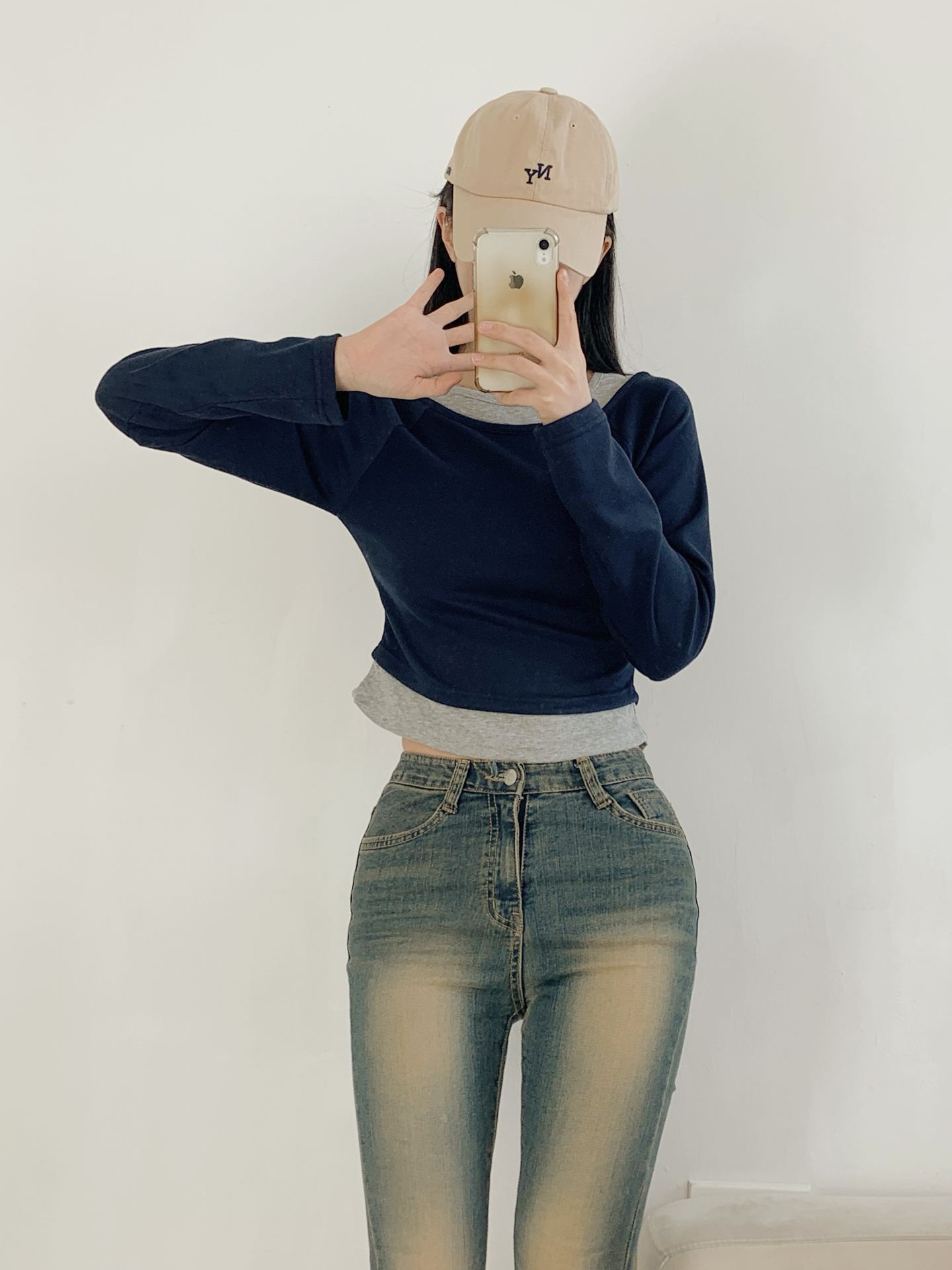 ボートネックラグランスリムレイヤード風長袖セミクロップド配色無地Tシャツ | 詳細画像9