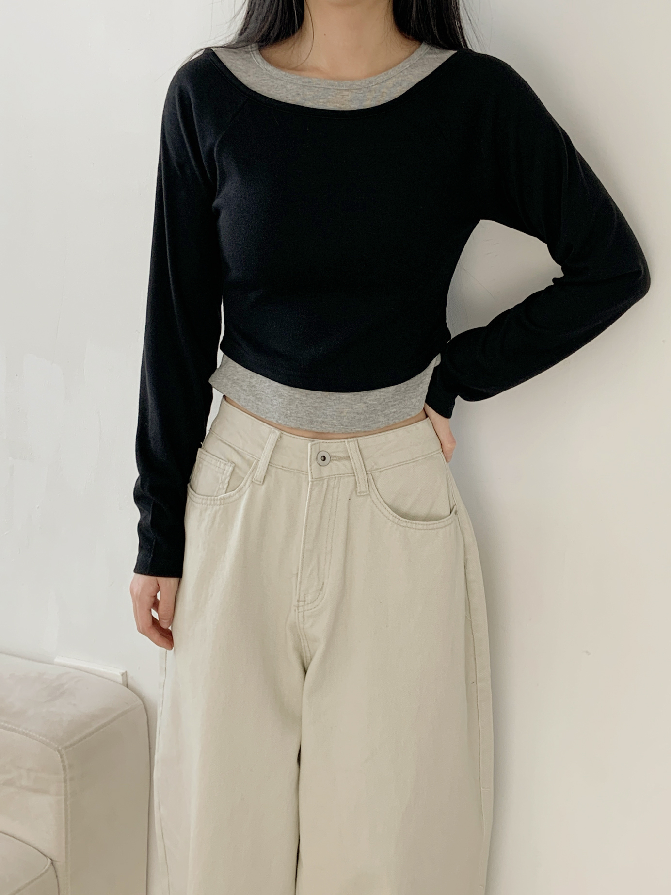 ボートネックラグランスリムレイヤード風長袖セミクロップド配色無地Tシャツ | 詳細画像15