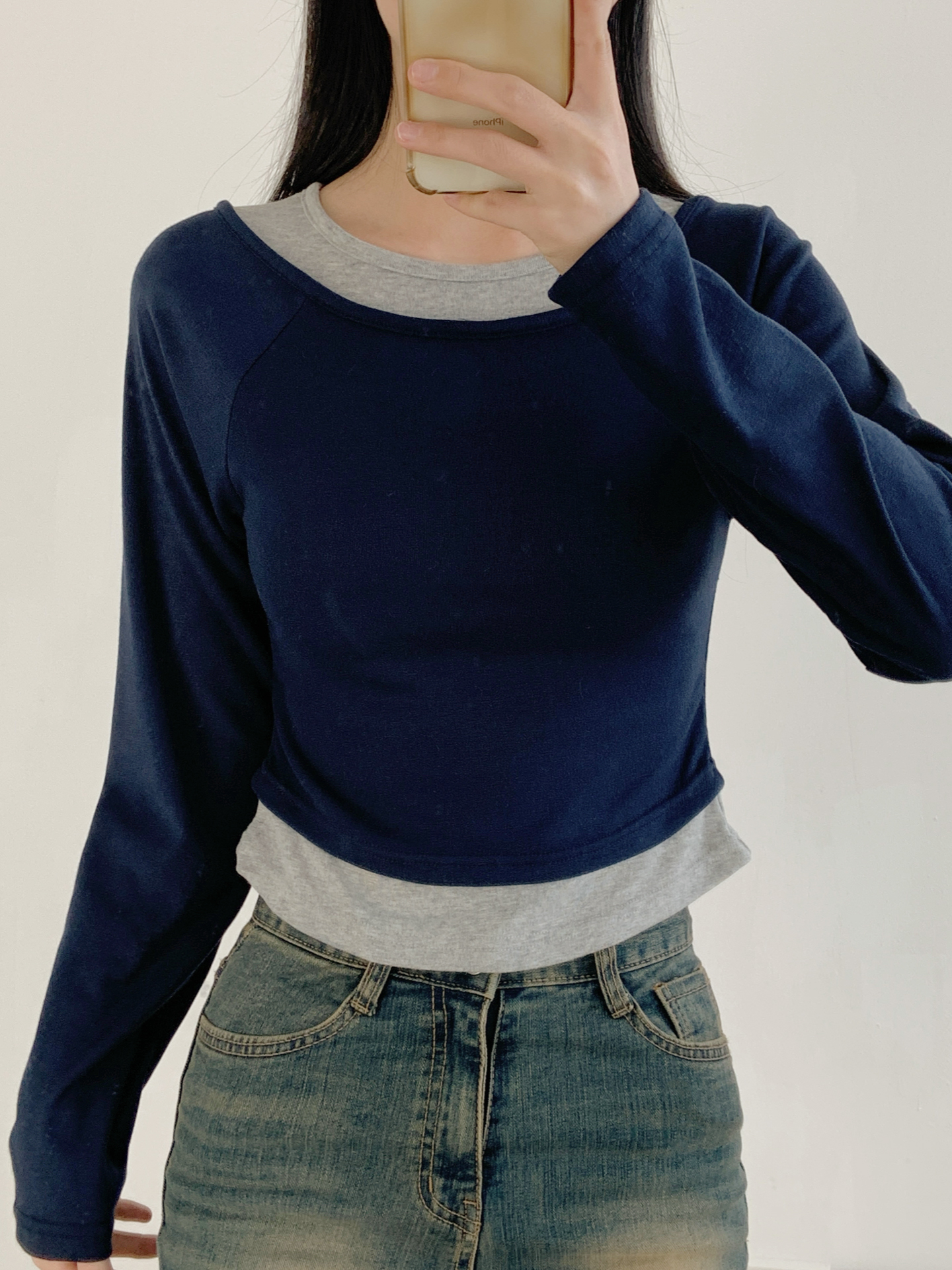 ボートネックラグランスリムレイヤード風長袖セミクロップド配色無地Tシャツ | 詳細画像13