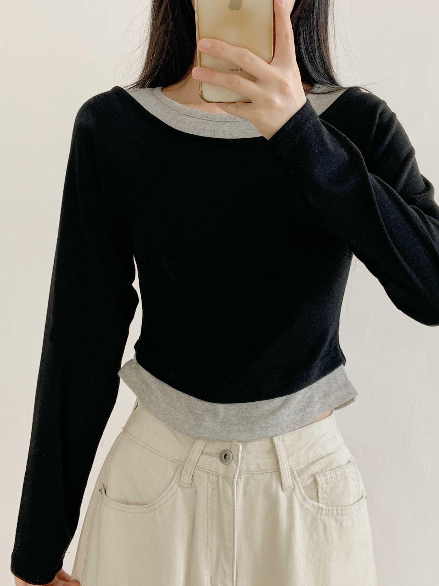 ボートネックラグランスリムレイヤード風長袖セミクロップド配色無地Tシャツ | 詳細画像16