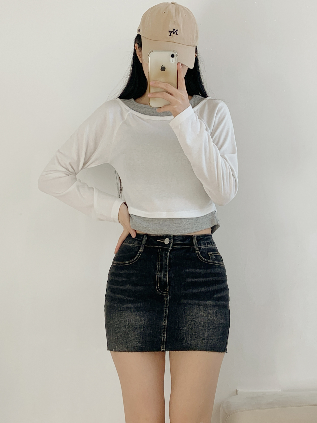 ボートネックラグランスリムレイヤード風長袖セミクロップド配色無地Tシャツ | 詳細画像6