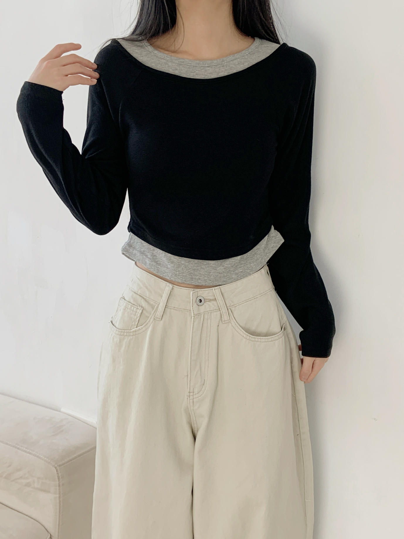 ボートネックラグランスリムレイヤード風長袖セミクロップド配色無地Tシャツ | 詳細画像14