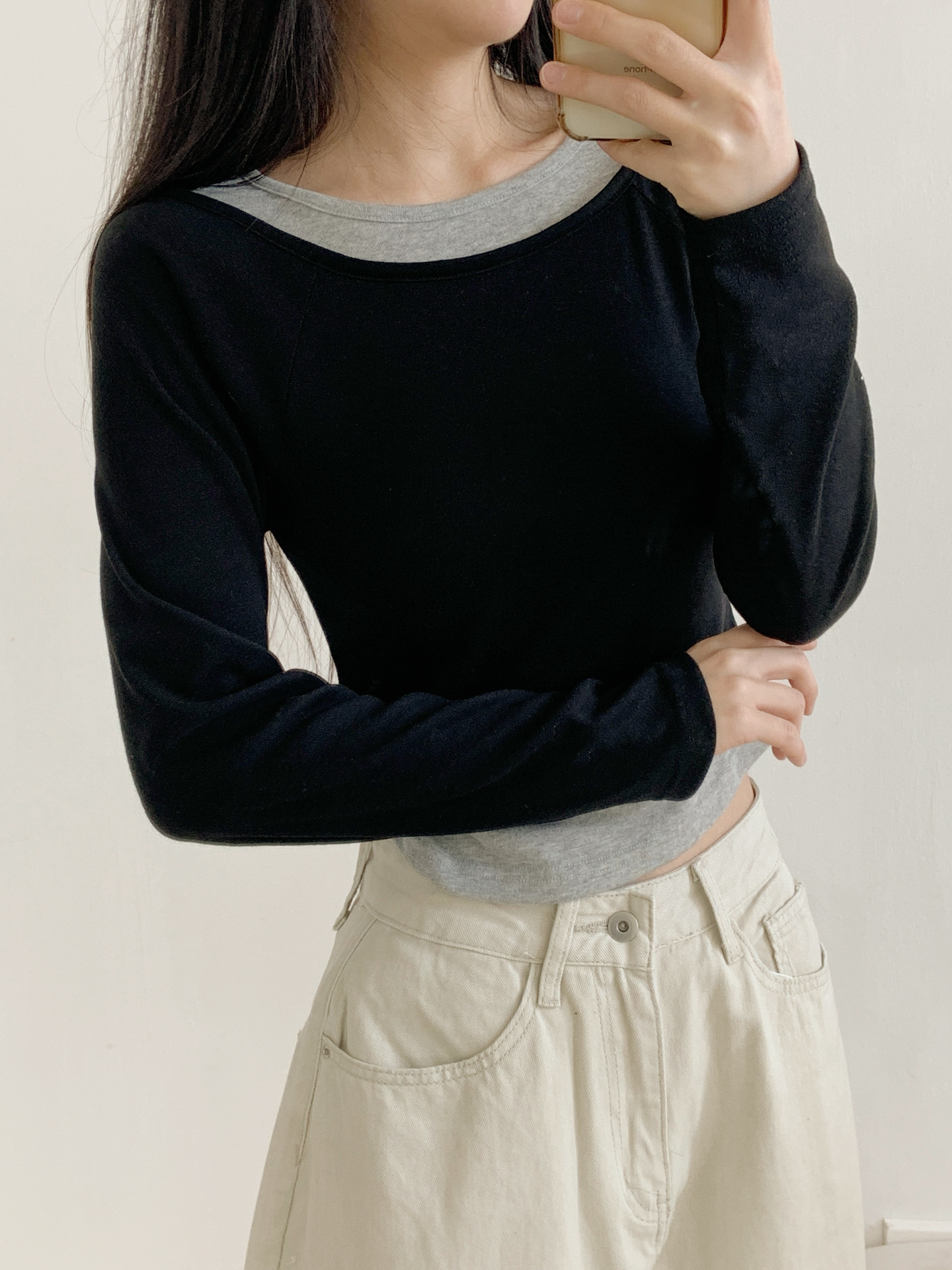 ボートネックラグランスリムレイヤード風長袖セミクロップド配色無地Tシャツ | 詳細画像17