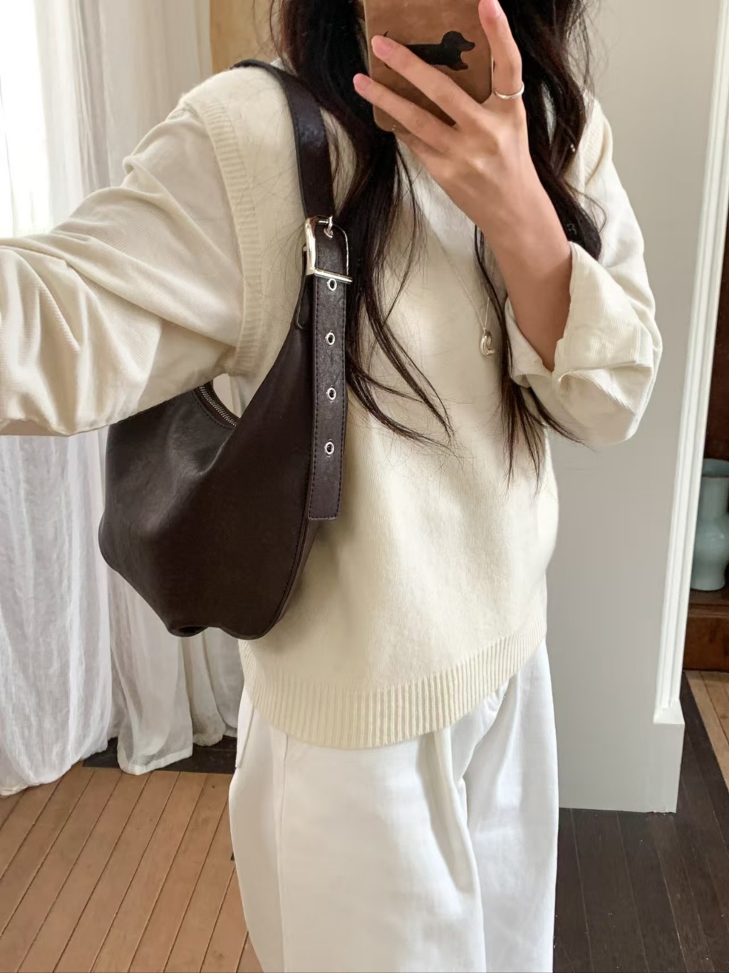 レザー調ジップアップベルト無地トートバッグ | 詳細画像18