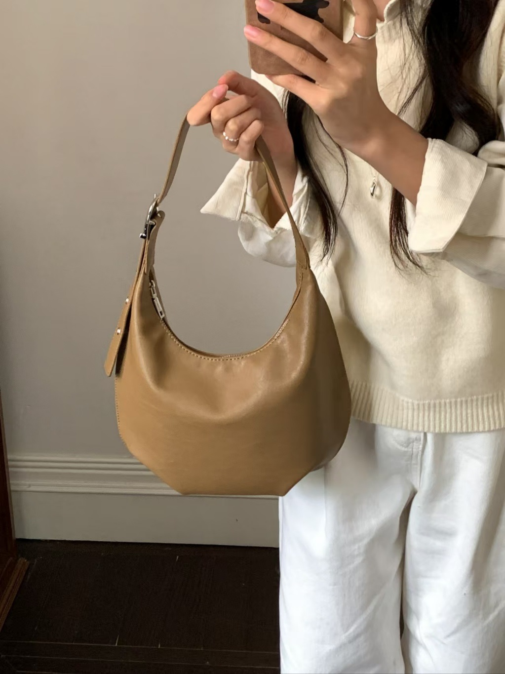 レザー調ジップアップベルト無地トートバッグ | 詳細画像7