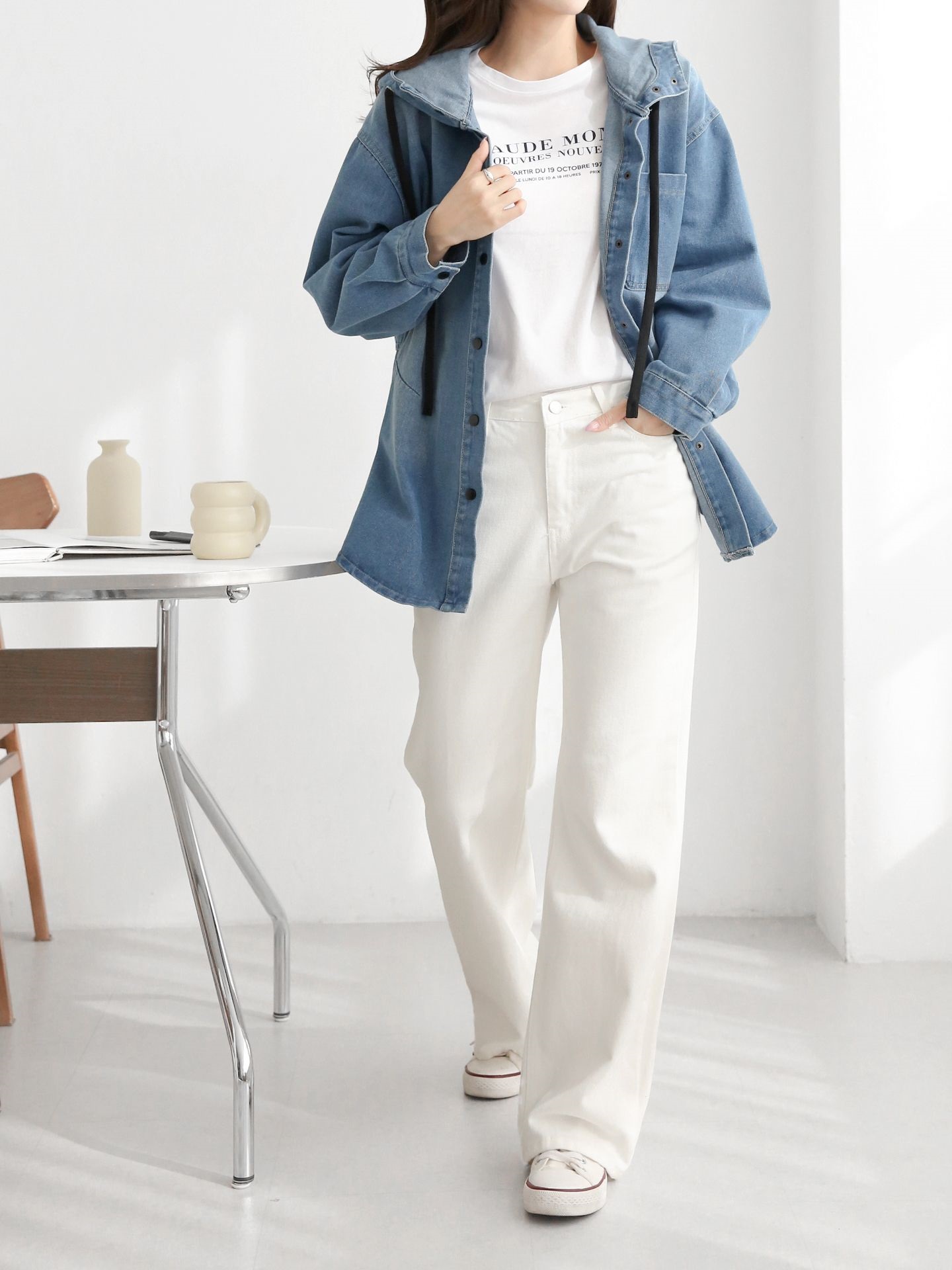 デニムストラップハーフネックフードラインオーバーサイズ長袖ワンポケットスナップボタンジャケット | 詳細画像3