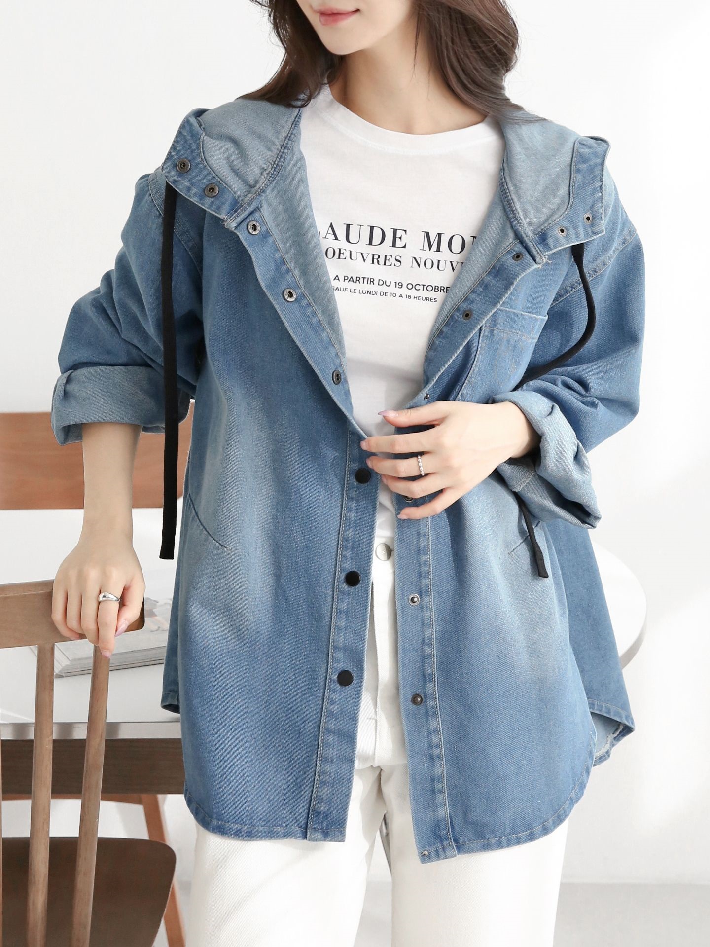 デニムストラップハーフネックフードラインオーバーサイズ長袖ワンポケットスナップボタンジャケット | 詳細画像4